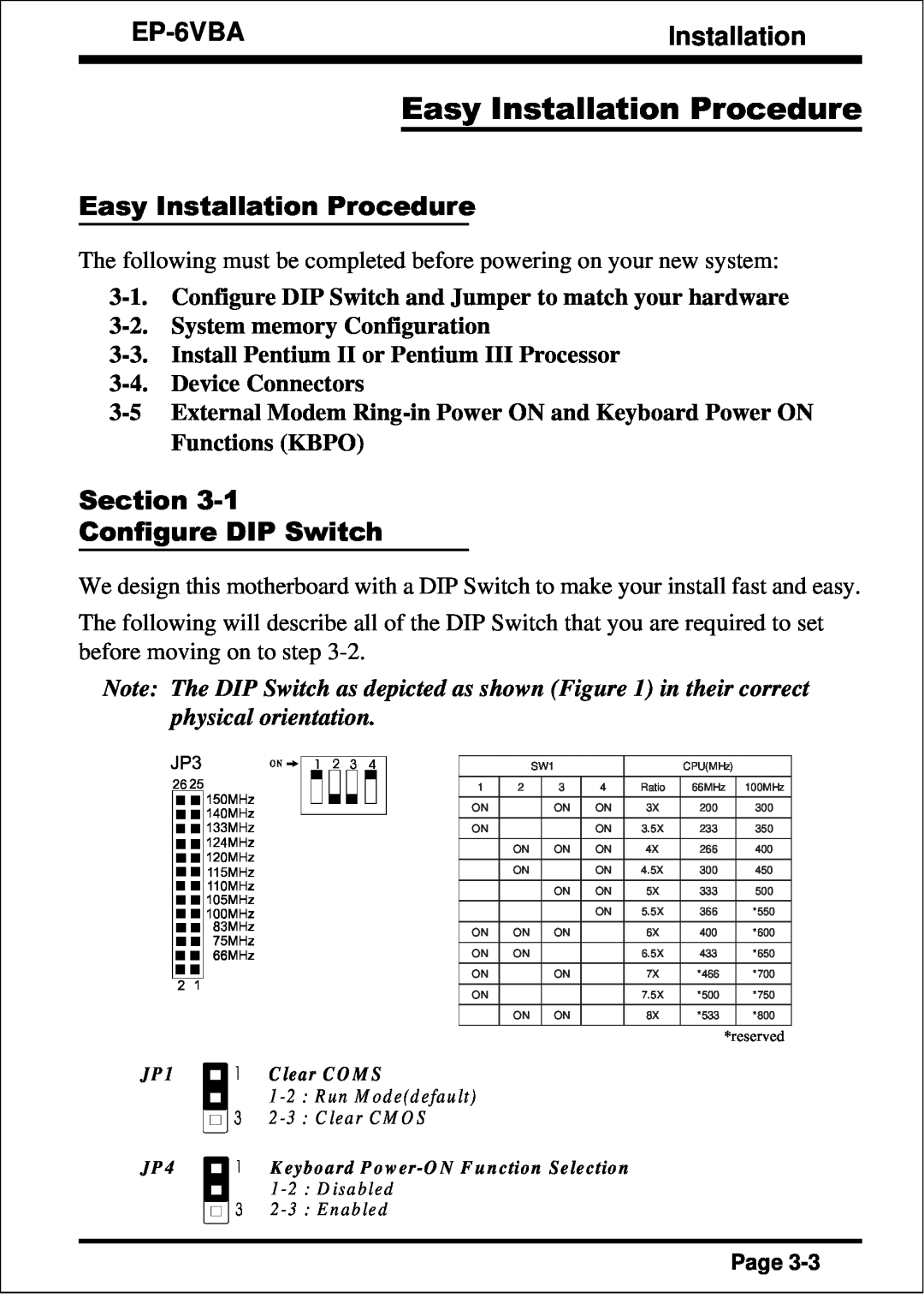 EPoX Computer EP-6VBA specifications Easy Installation Procedure, Section Configure DIP Switch, System memory Configuration 
