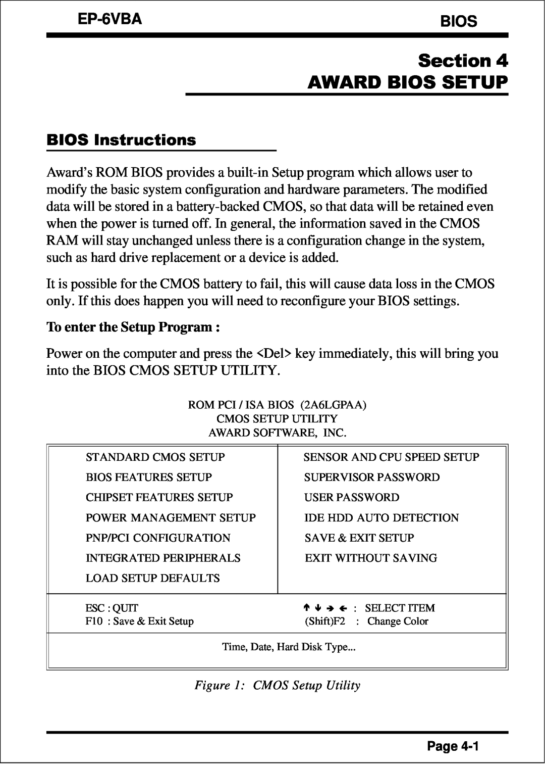 EPoX Computer EP-6VBA specifications Section AWARD BIOS SETUP, Bios, BIOS Instructions, To enter the Setup Program 
