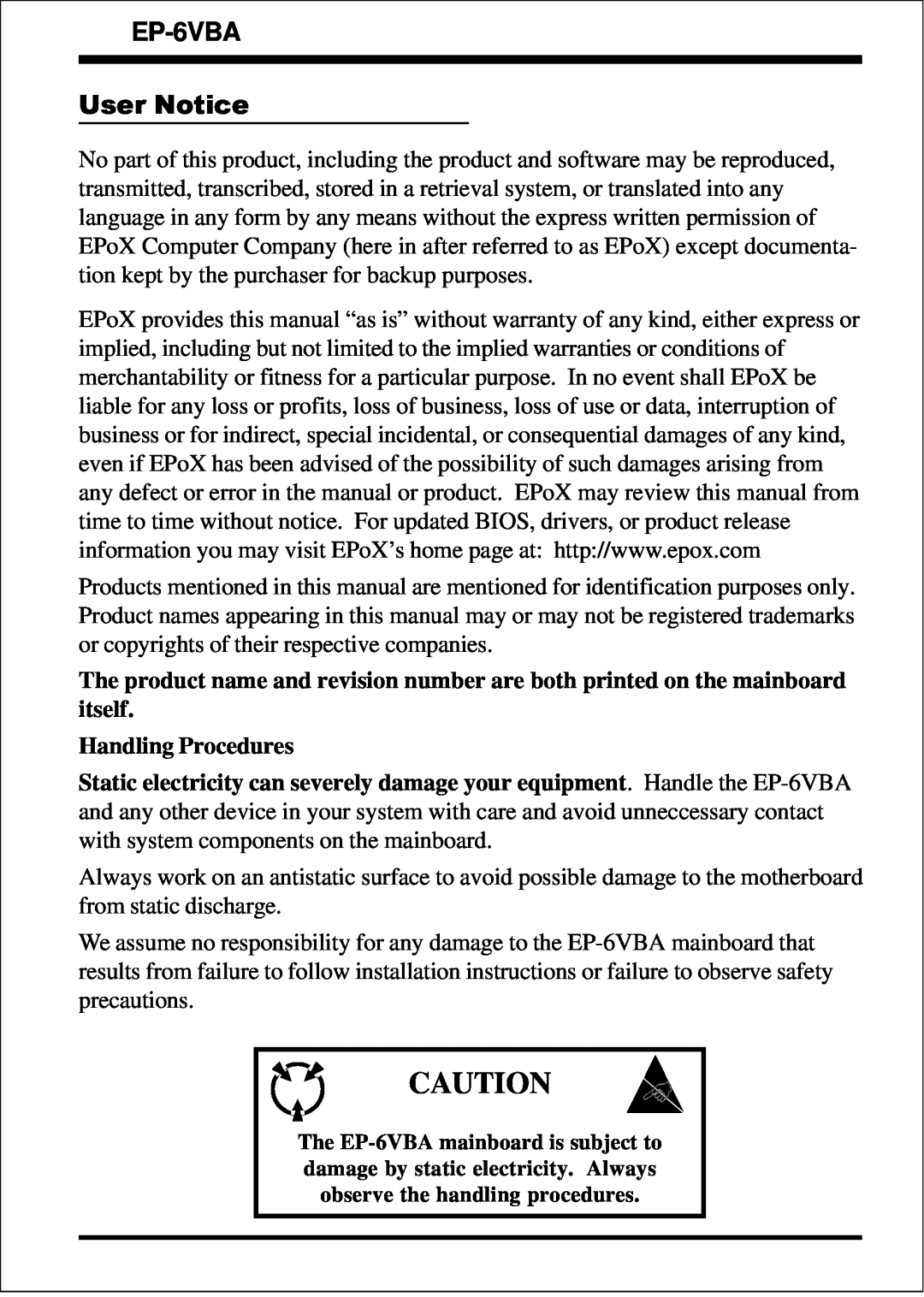 EPoX Computer EP-6VBA specifications User Notice, Handling Procedures 