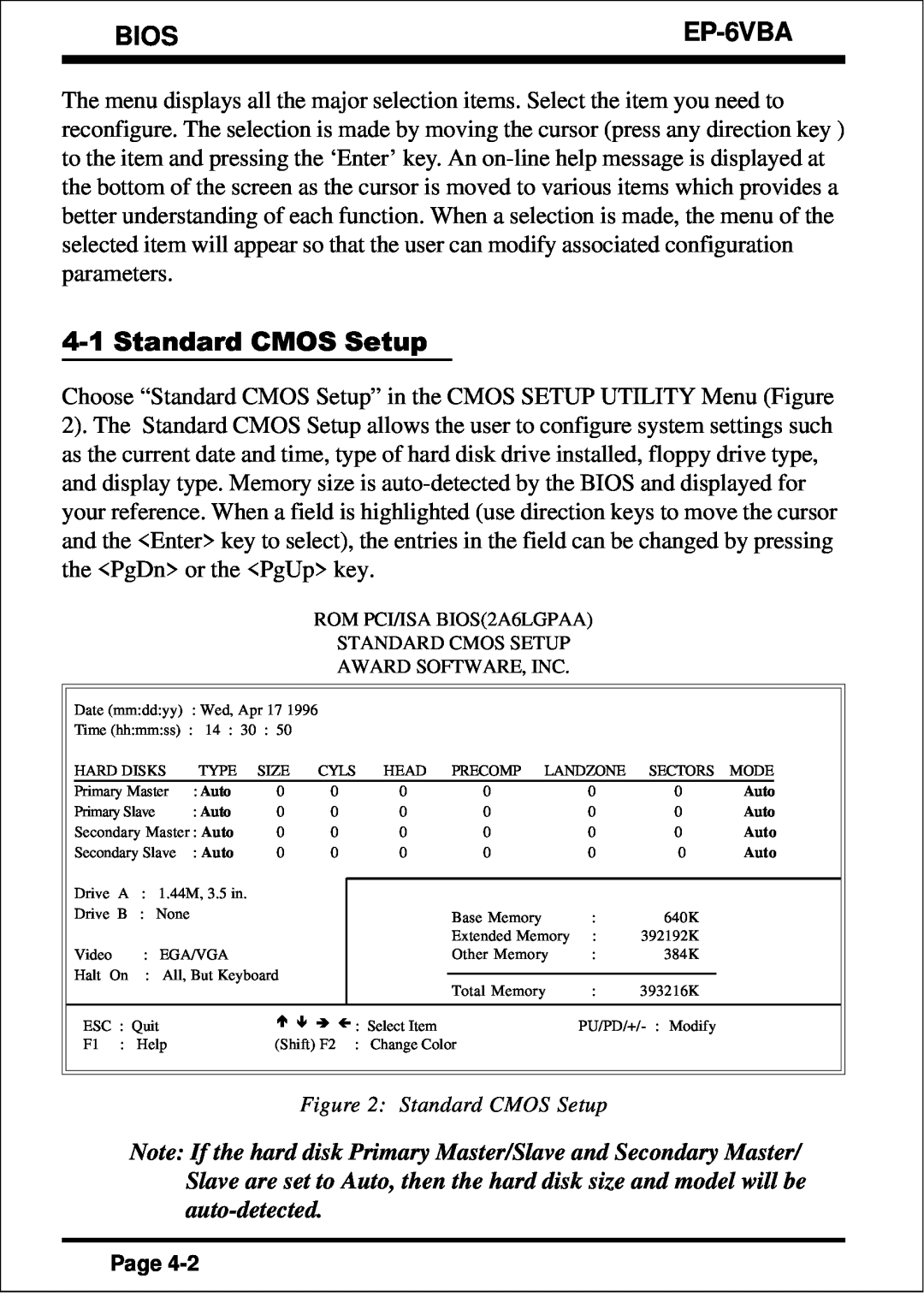 EPoX Computer EP-6VBA specifications Bios, Standard CMOS Setup 
