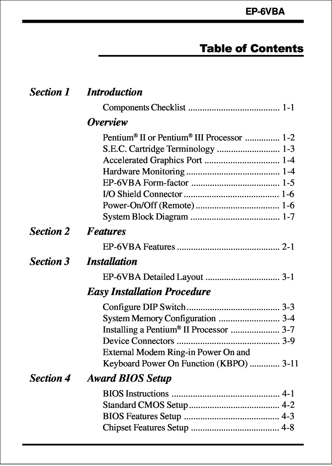 EPoX Computer EP-6VBA specifications Table of Contents, Standard CMOS Setup 