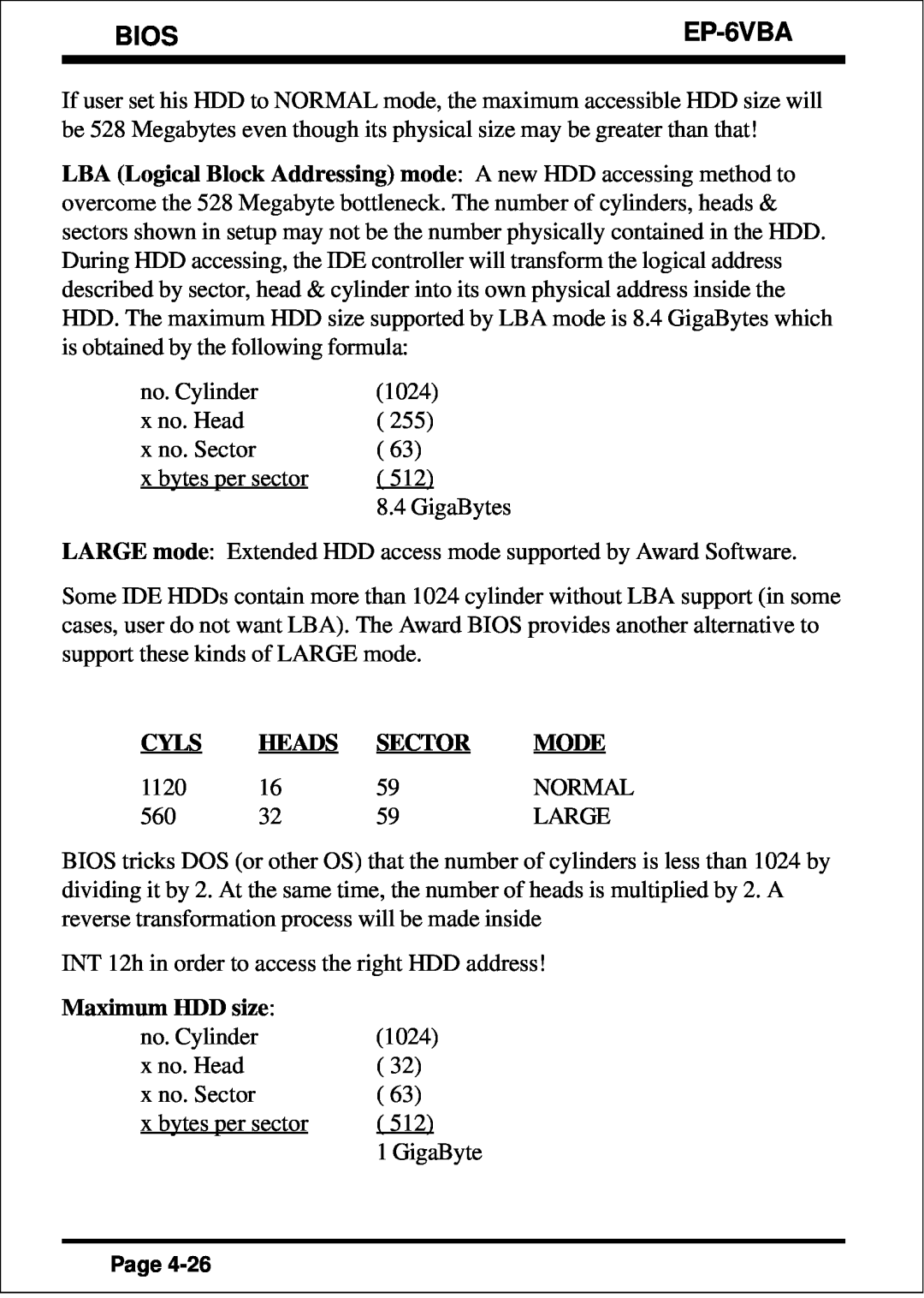 EPoX Computer EP-6VBA specifications Bios, Cyls, Heads, Sector, Mode, Maximum HDD size 