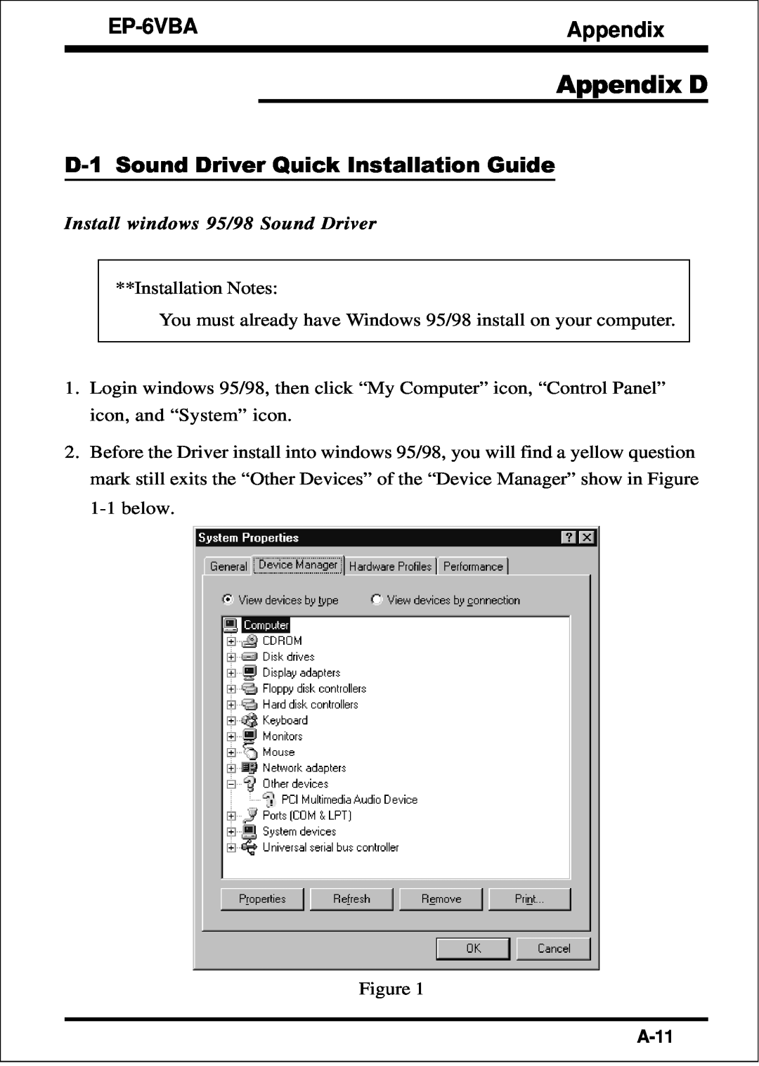 EPoX Computer EP-6VBA Appendix D, D-1 Sound Driver Quick Installation Guide, Install windows 95/98 Sound Driver, A-11 