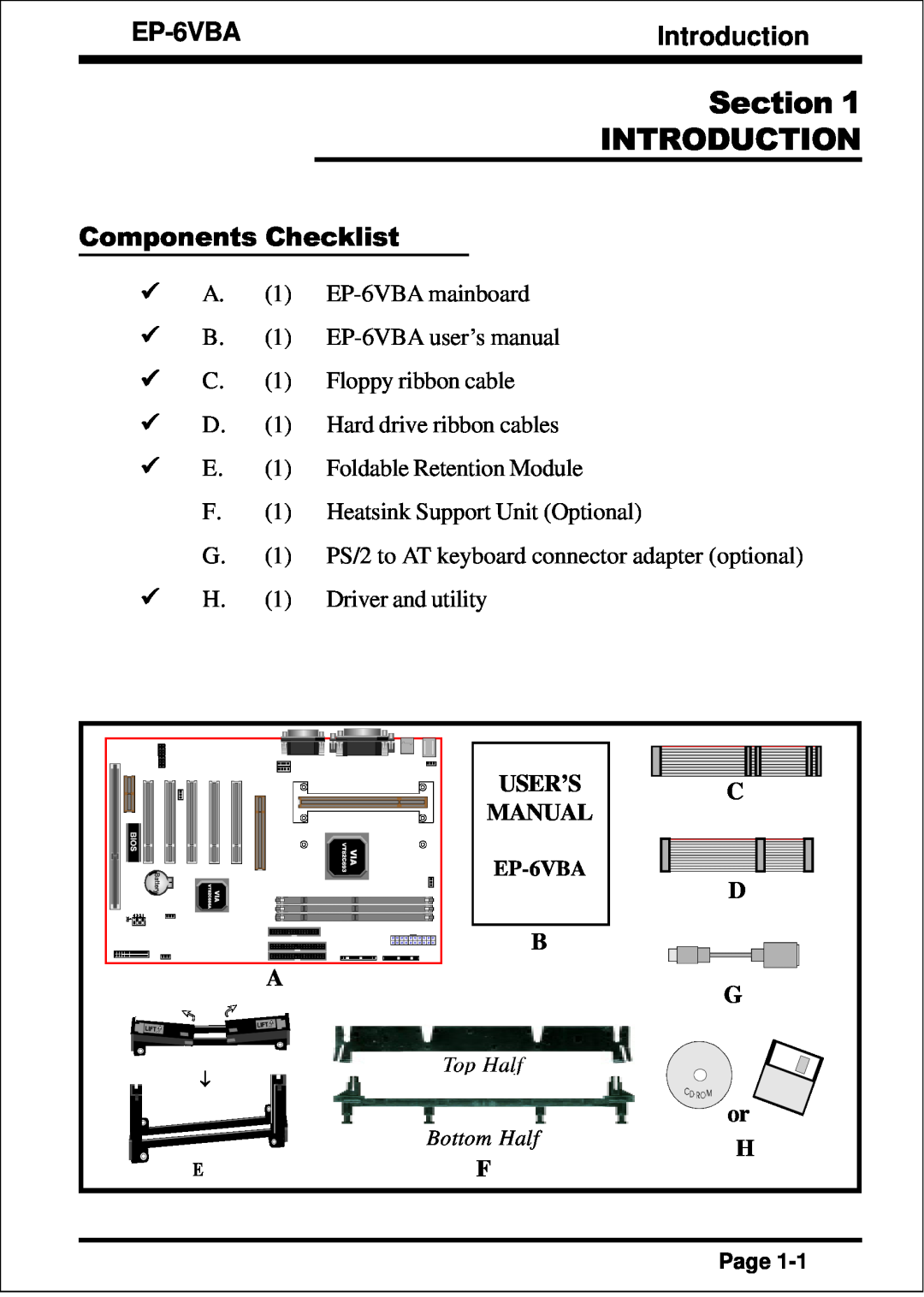 EPoX Computer EP-6VBA specifications Section INTRODUCTION, Introduction, Components Checklist, B A G 