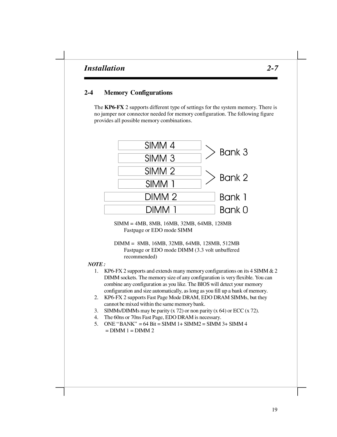 EPoX Computer KP6-FX2 manual Memory Configurations 