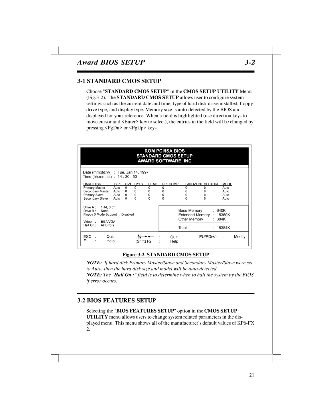 EPoX Computer KP6-FX2 manual Standard Cmos Setup, Bios Features Setup 