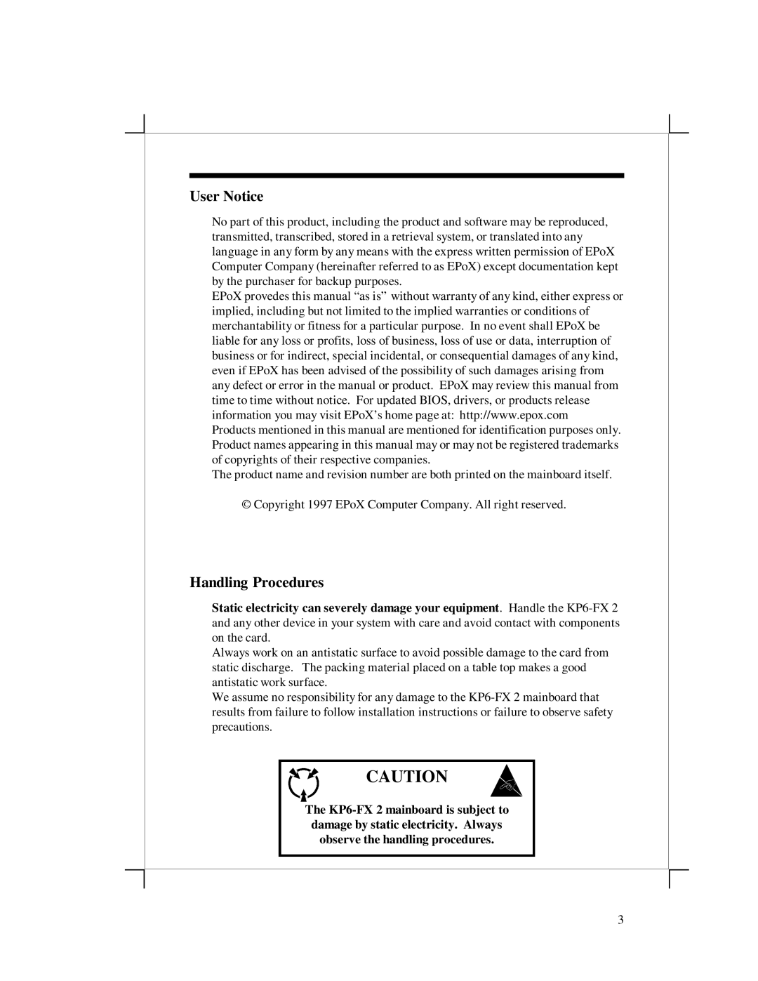 EPoX Computer KP6-FX2 manual User Notice, Handling Procedures 