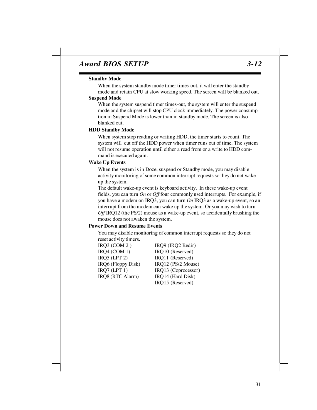 EPoX Computer KP6-FX2 manual Suspend Mode, HDD Standby Mode, Wake Up Events, Power Down and Resume Events 