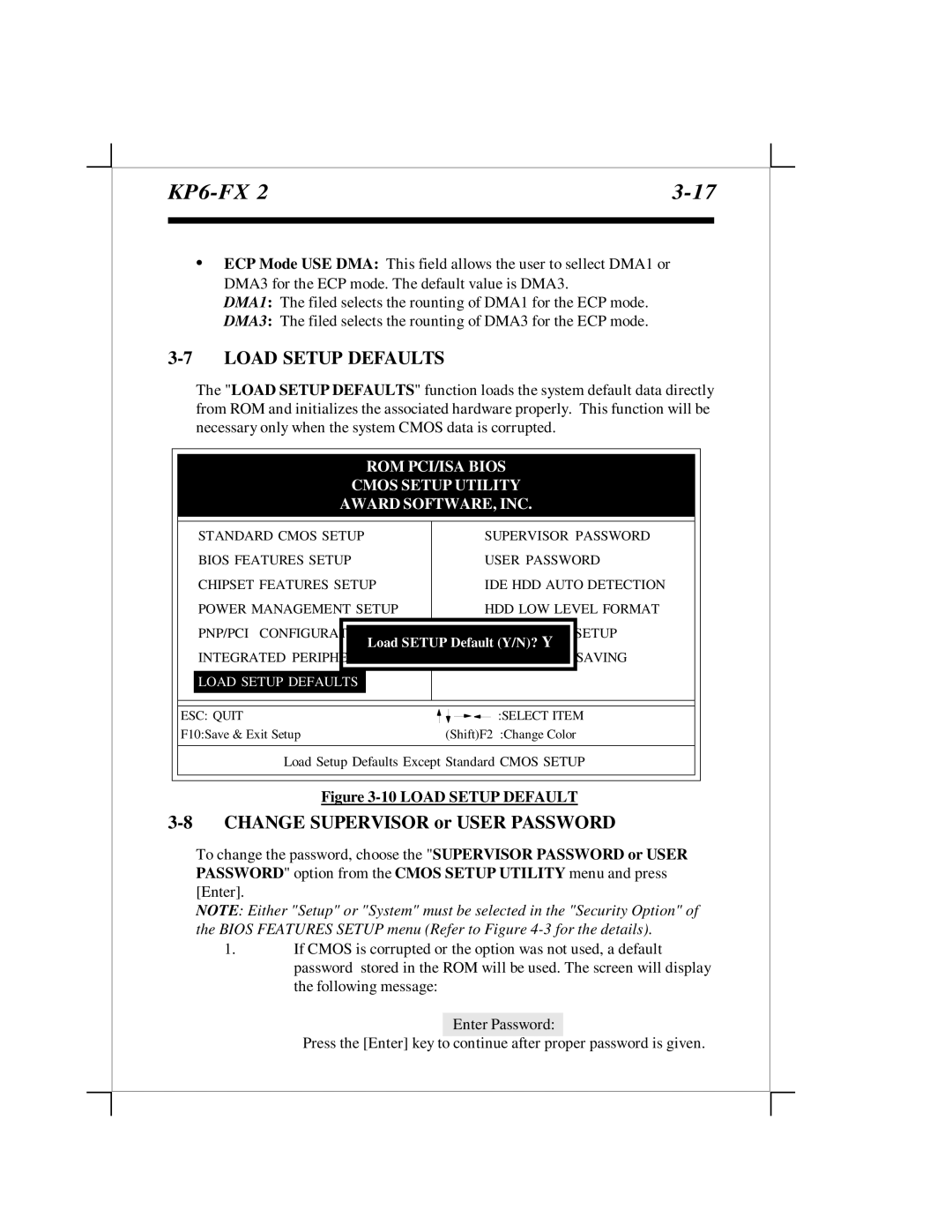 EPoX Computer KP6-FX2 manual Load Setup Defaults, Change Supervisor or User Password 