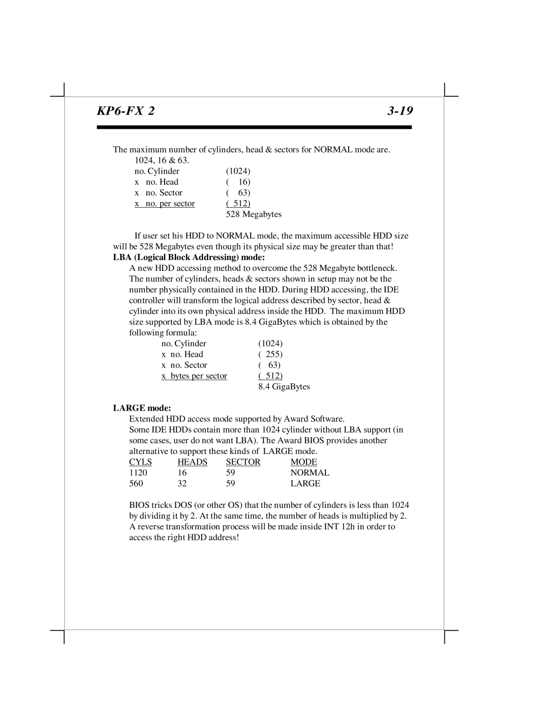 EPoX Computer KP6-FX2 manual LBA Logical Block Addressing mode, Large mode 