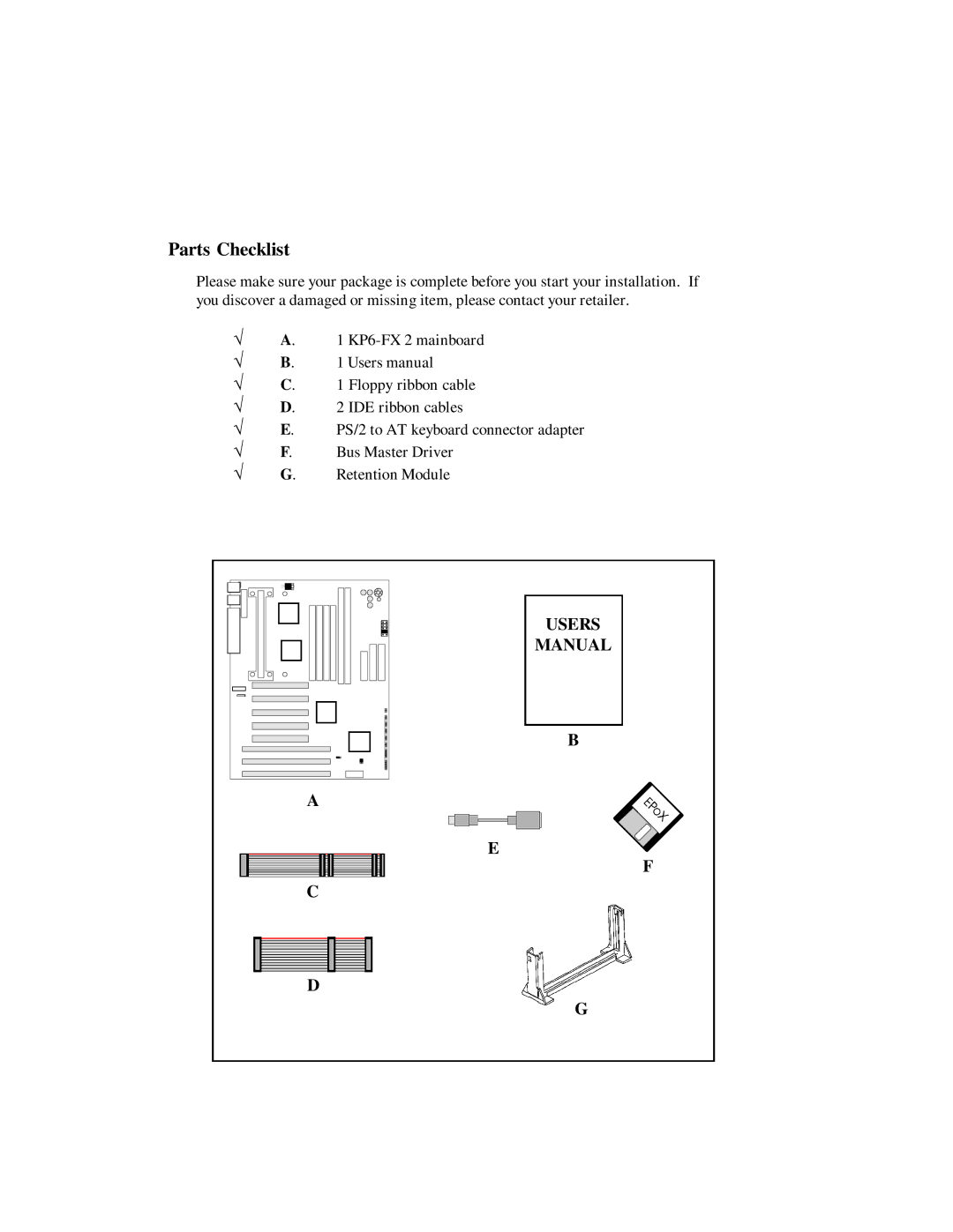 EPoX Computer KP6-FX2 manual Parts Checklist 