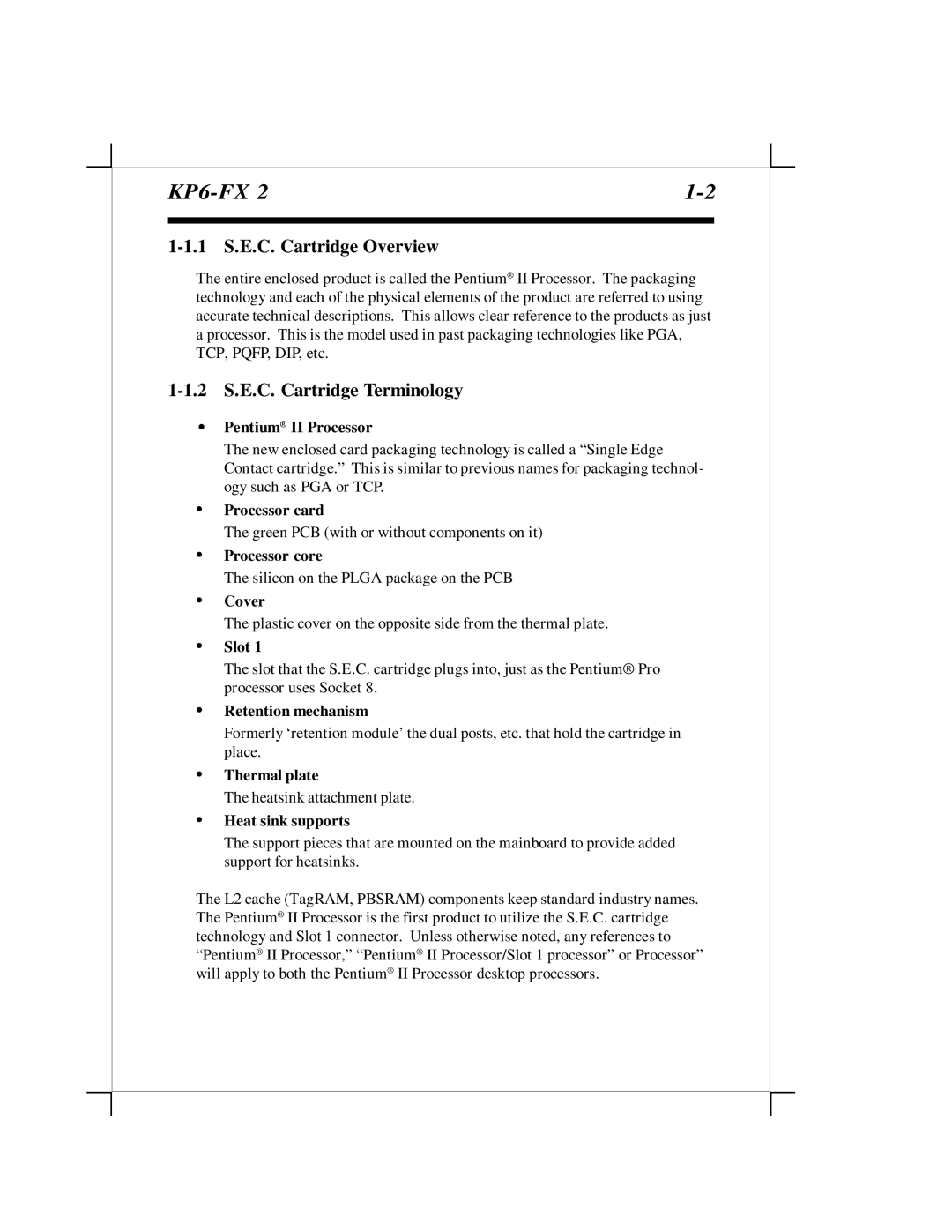 EPoX Computer KP6-FX2 manual 1 S.E.C. Cartridge Overview, 2 S.E.C. Cartridge Terminology 