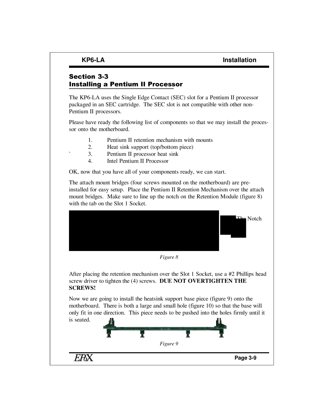 EPoX Computer KP6-LA specifications Section Installing a Pentium II Processor, Screws 