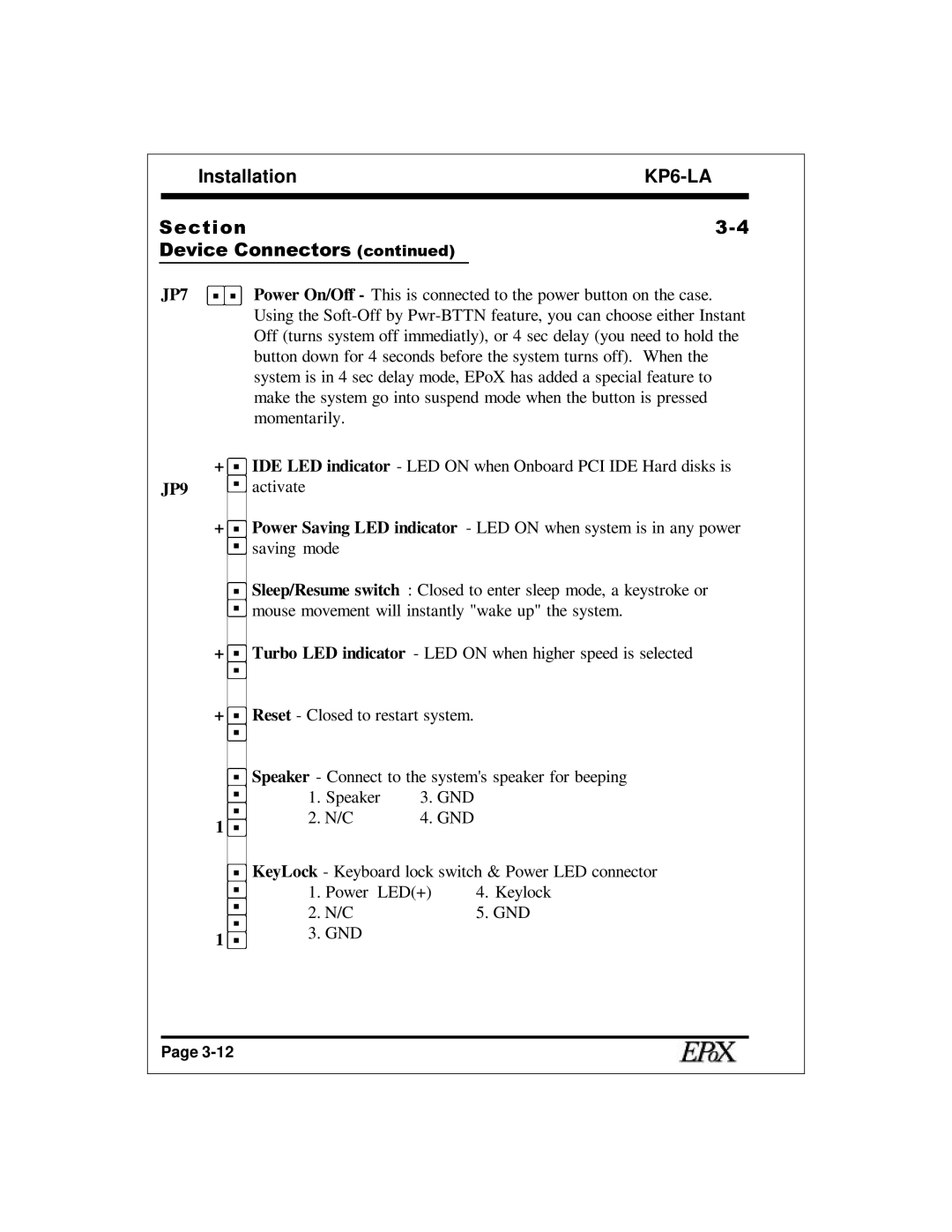 EPoX Computer KP6-LA specifications JP7 