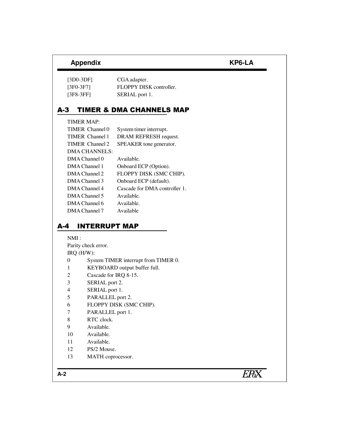 EPoX Computer KP6-LA specifications Timer & DMA Channels MAP 