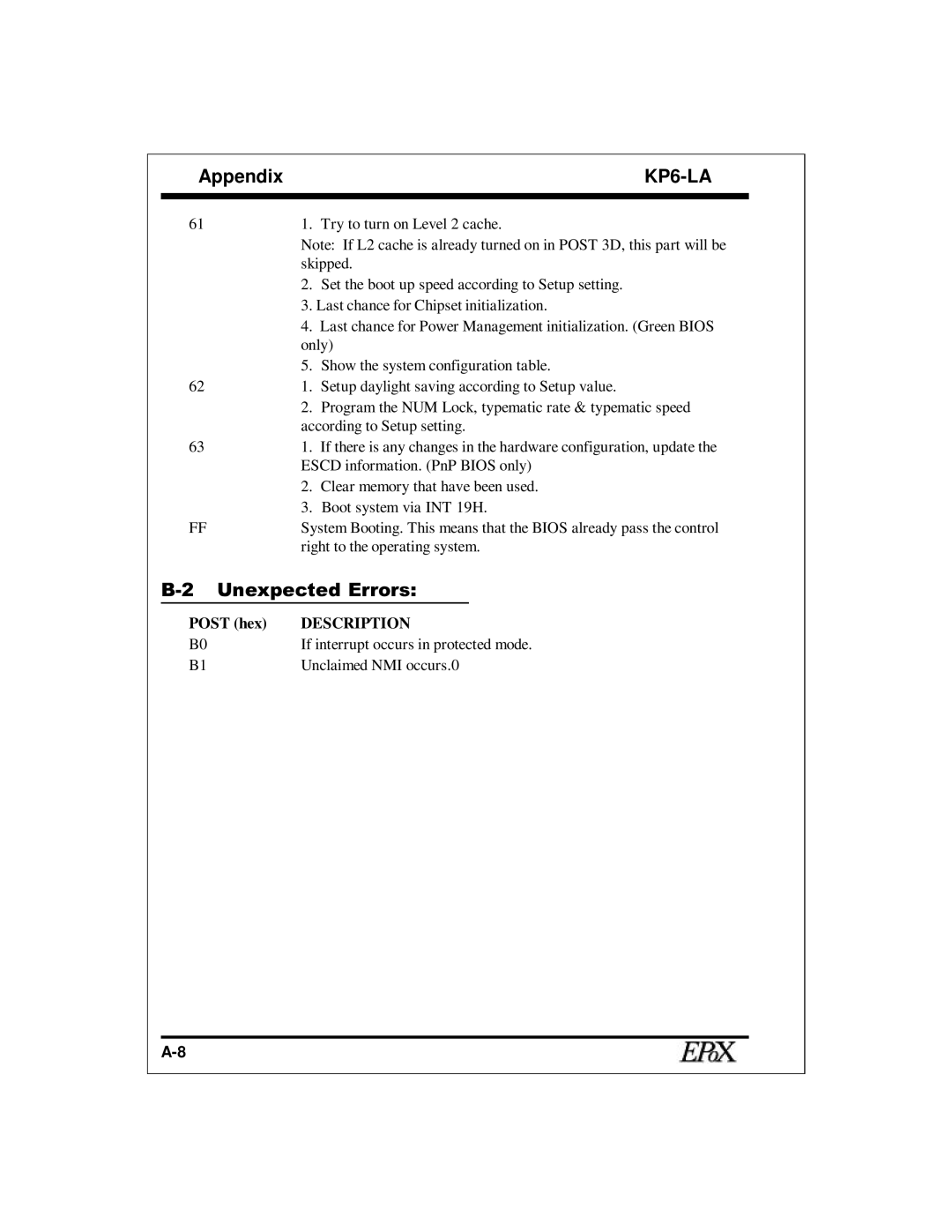 EPoX Computer KP6-LA specifications Unexpected Errors 