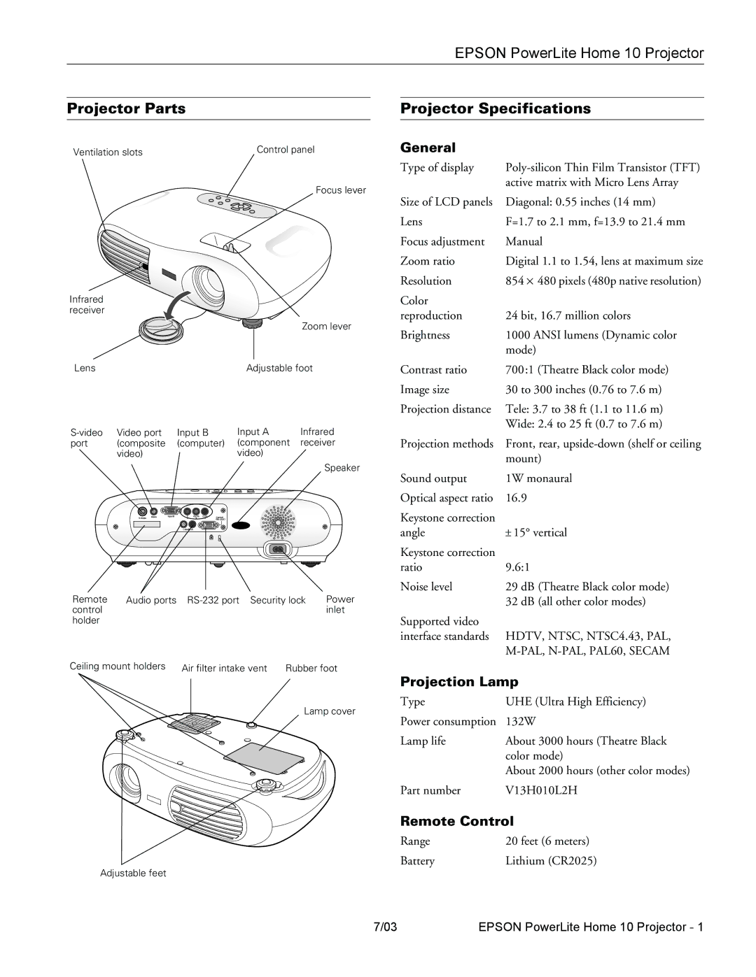 Epson 10 specifications Projector Parts, Projector Specifications, General, Projection Lamp, Remote Control 