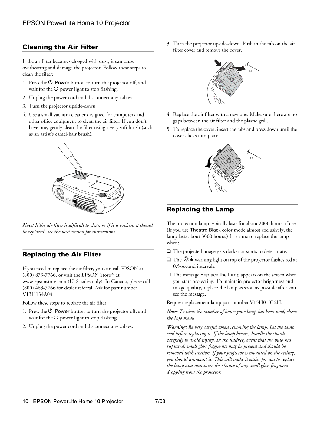 Epson 10 specifications Cleaning the Air Filter, Replacing the Lamp, Replacing the Air Filter 