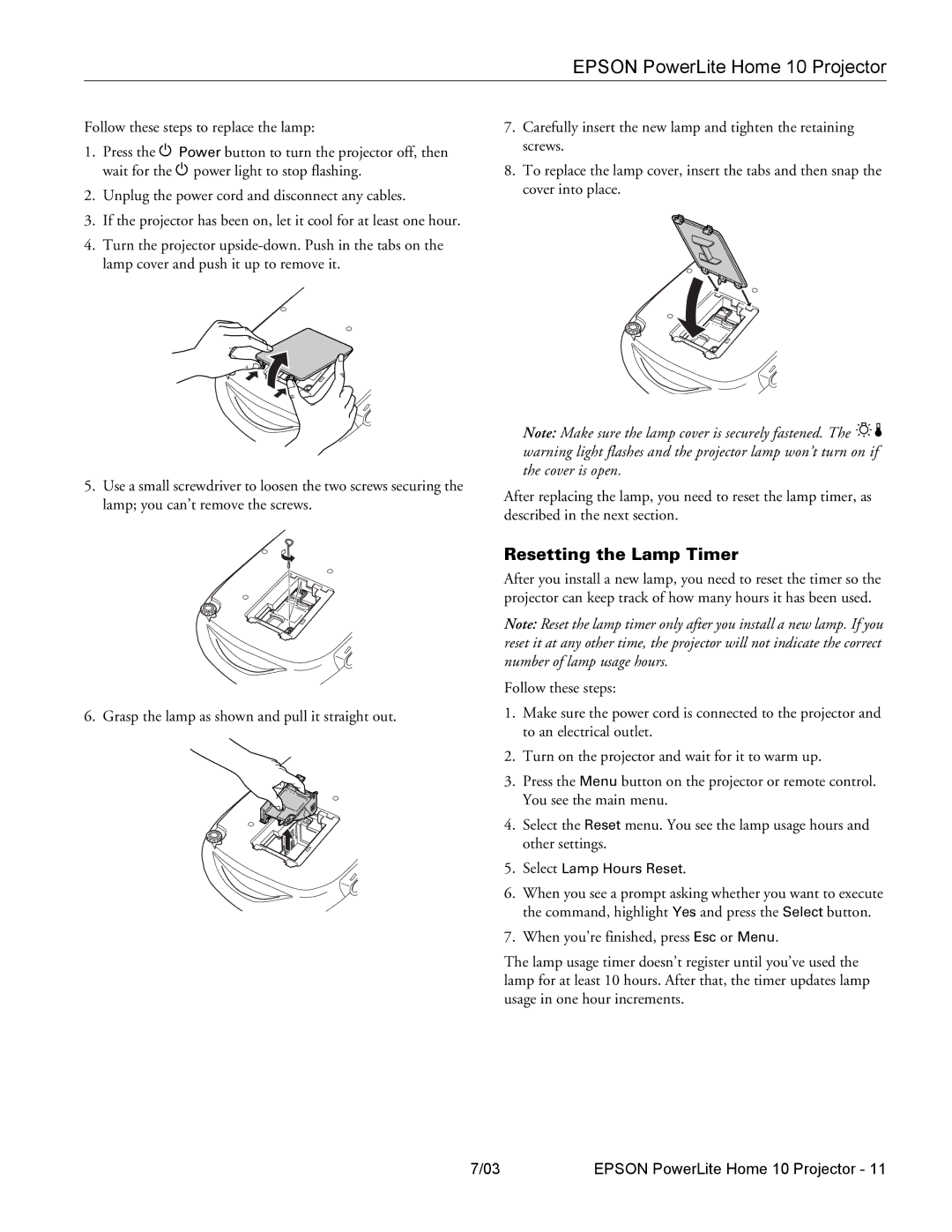 Epson 10 specifications Resetting the Lamp Timer, Select Lamp Hours Reset 