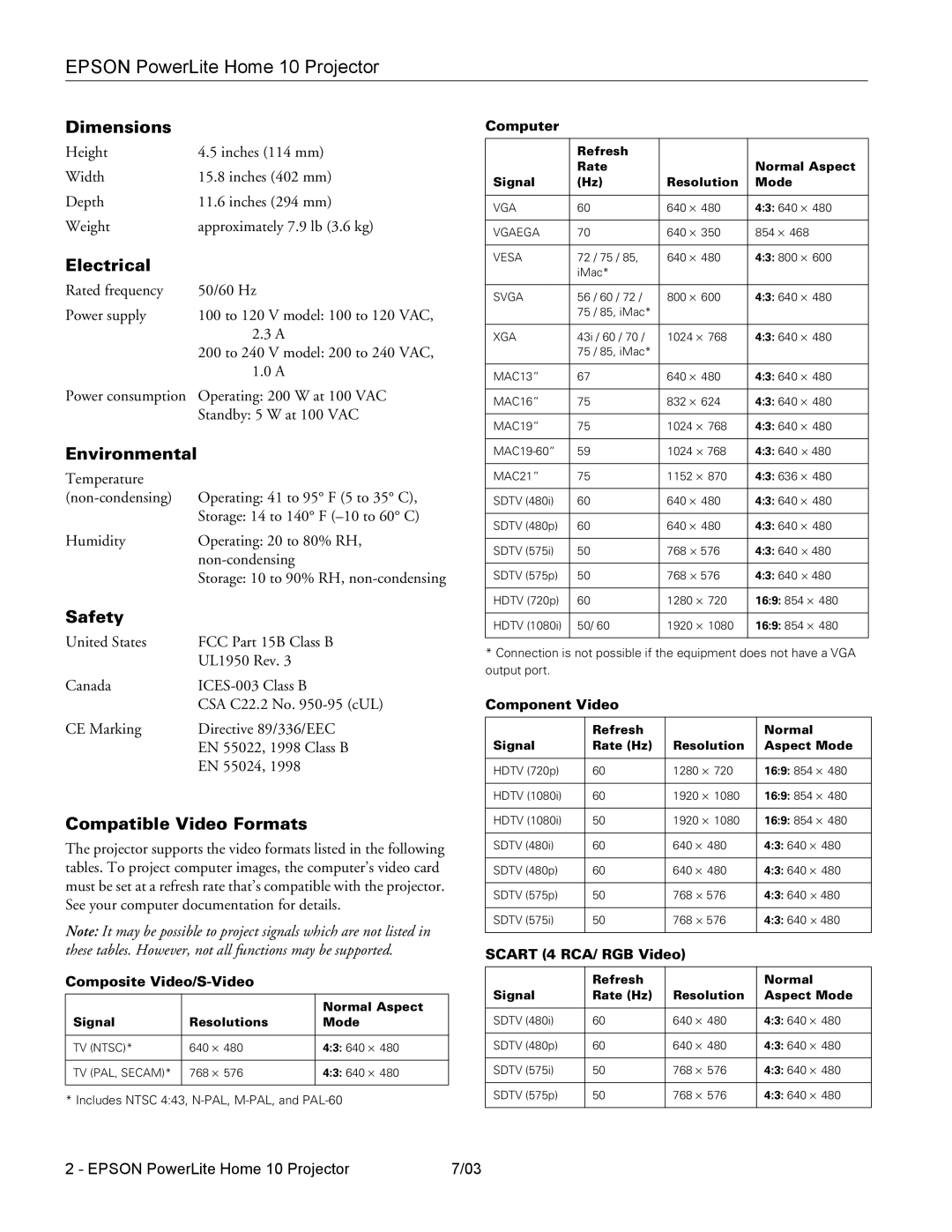 Epson 10 specifications Dimensions, Electrical, Environmental, Safety, Compatible Video Formats 