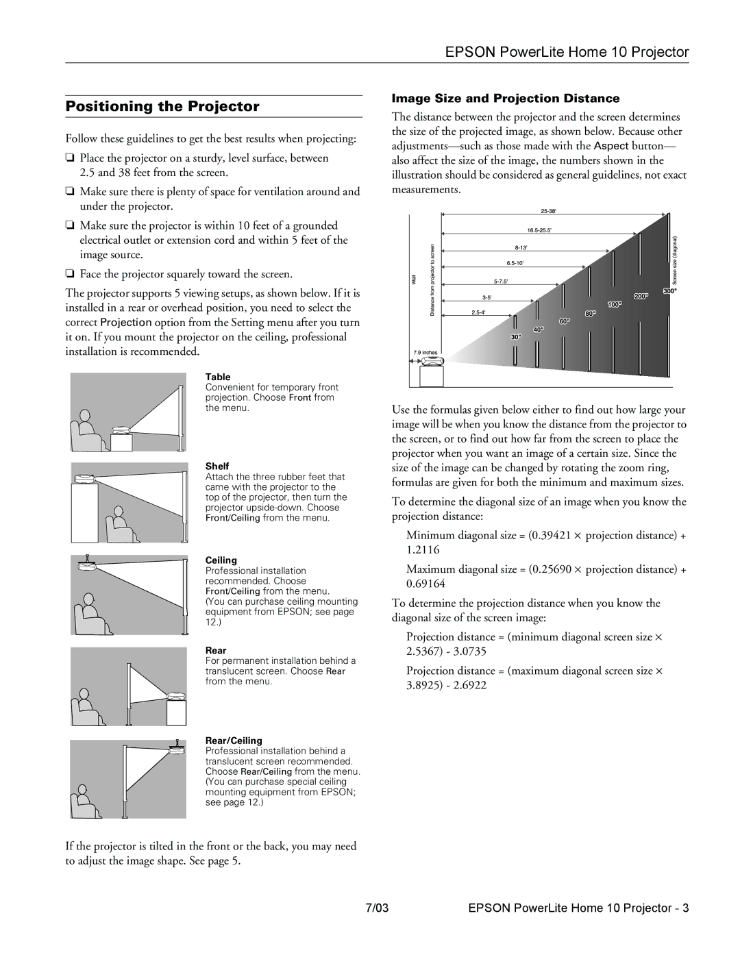 Epson 10 specifications Positioning the Projector, Shelf, Rear/Ceiling 