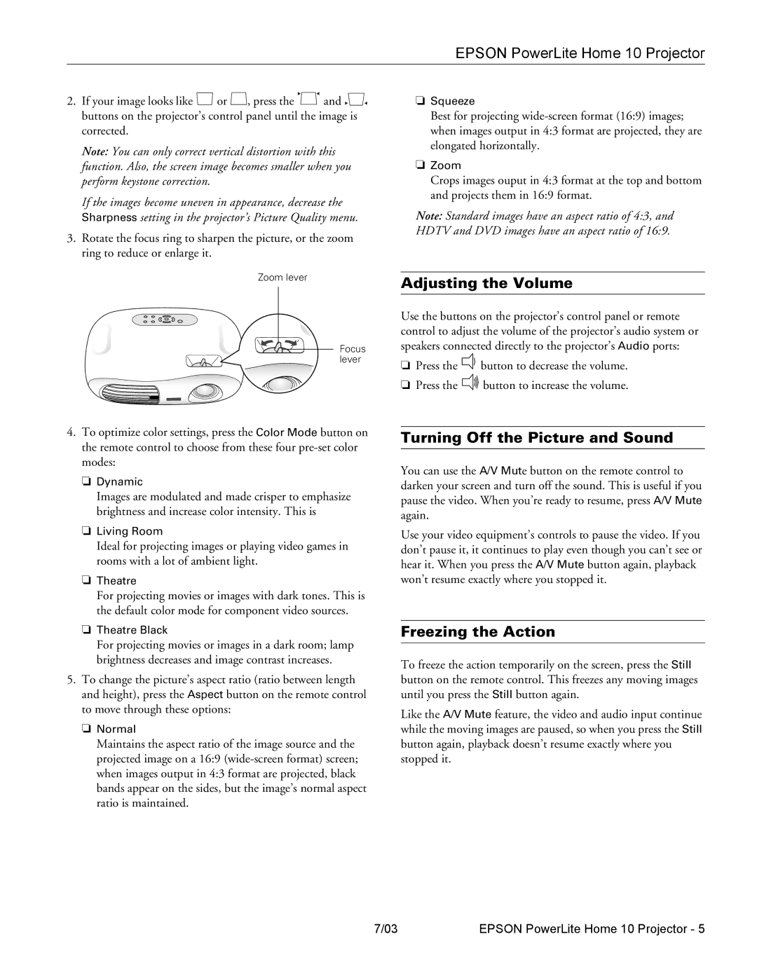 Epson 10 specifications Adjusting the Volume, Turning Off the Picture and Sound, Freezing the Action 