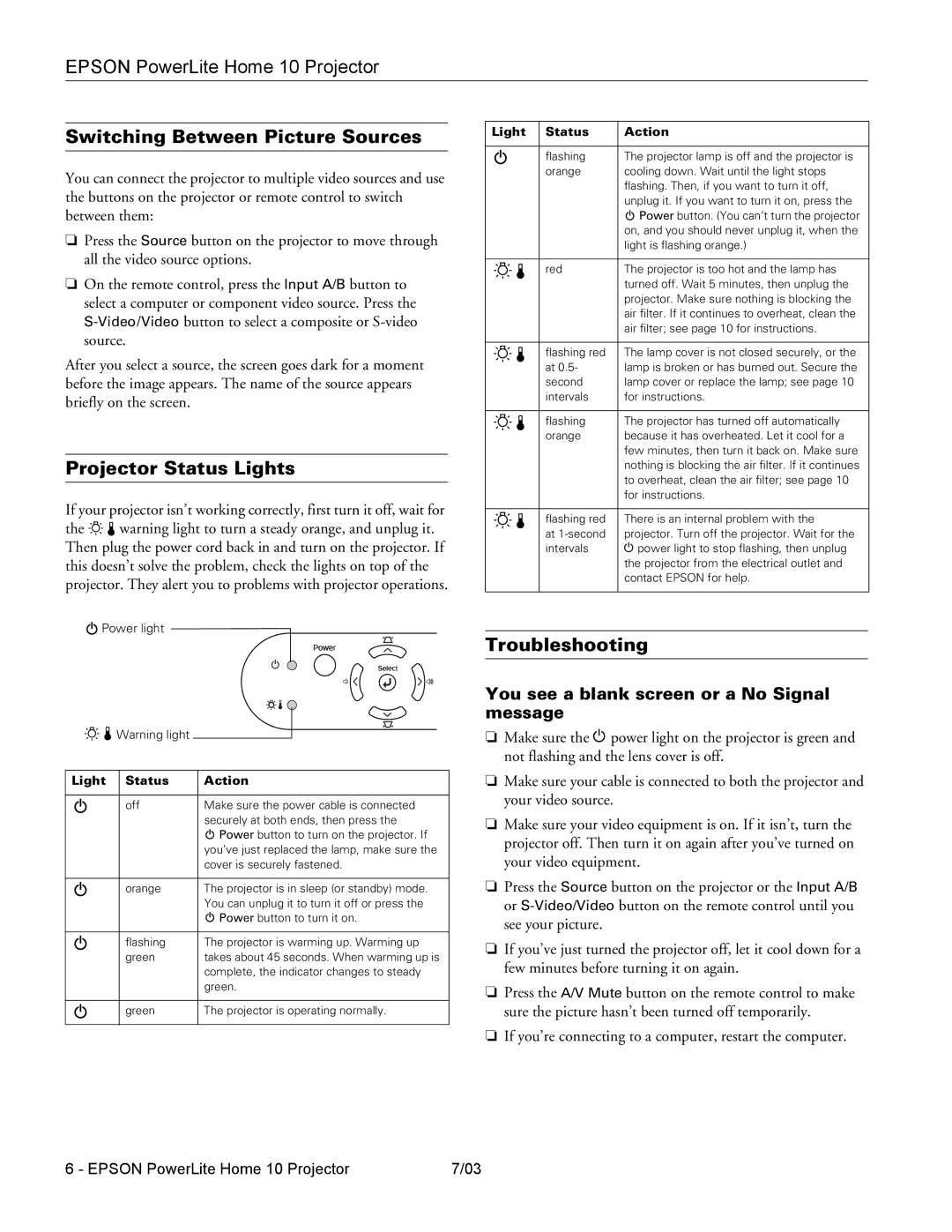 Epson 10 specifications Switching Between Picture Sources, Projector Status Lights, Troubleshooting, Light Status Action 