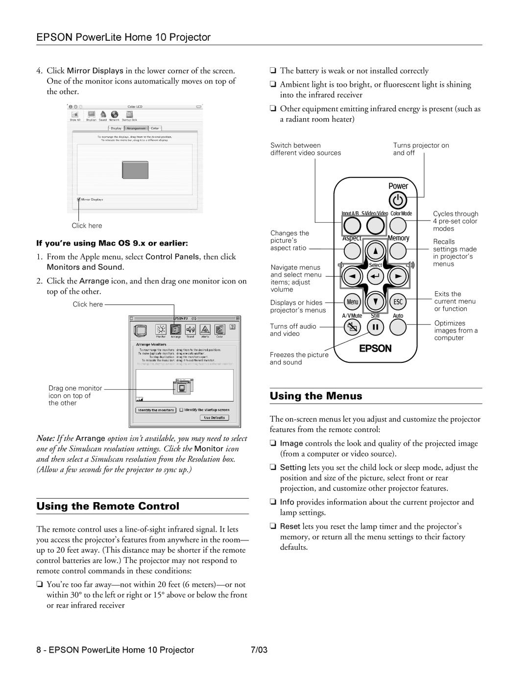 Epson 10 specifications Using the Remote Control, Using the Menus 