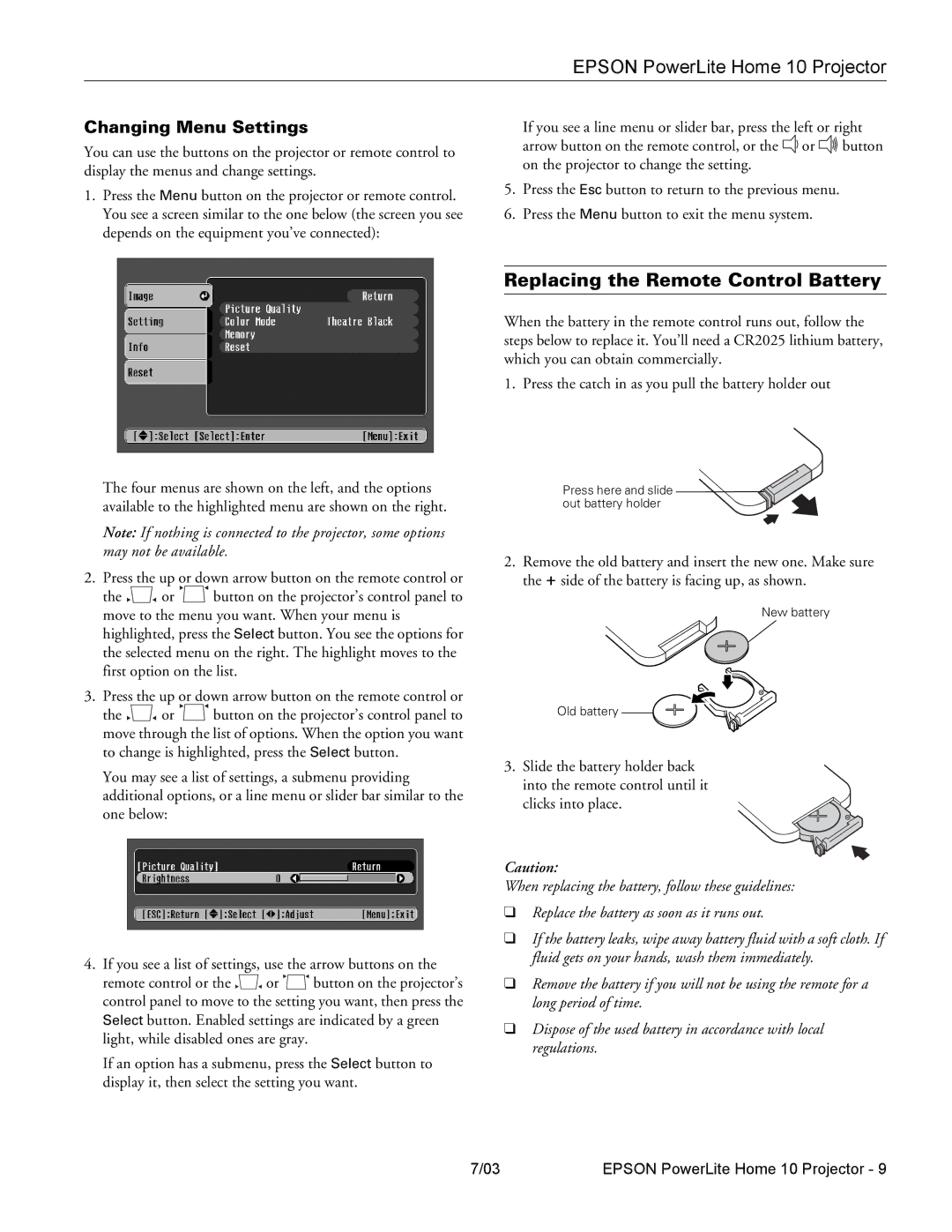 Epson 10 specifications Replacing the Remote Control Battery, Changing Menu Settings 