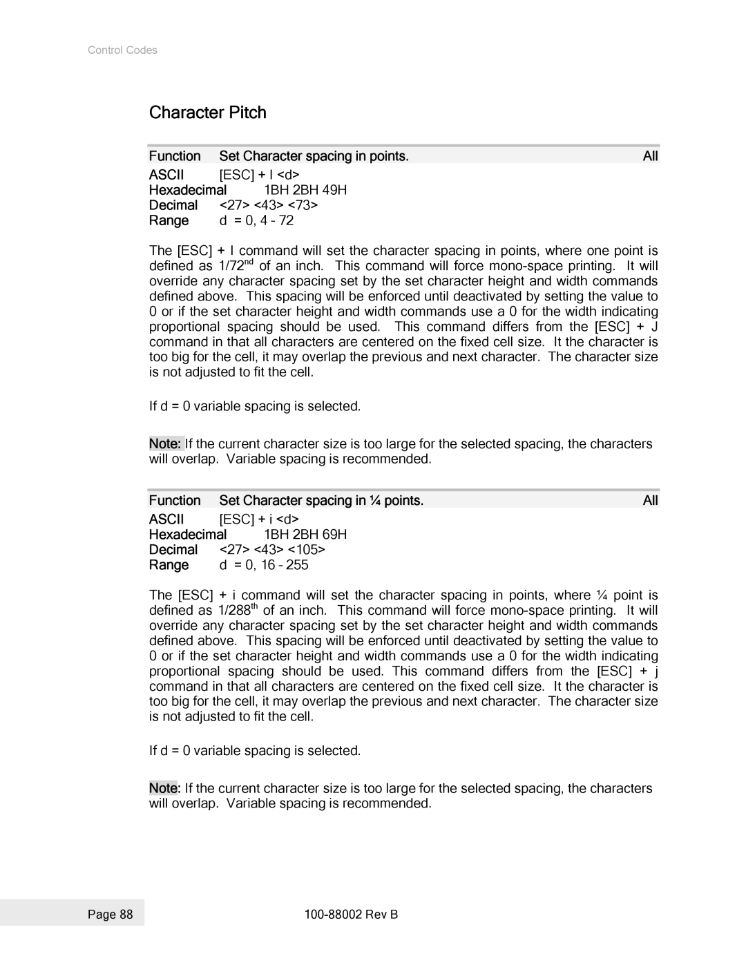 Epson 100-88002 manual Character Pitch 