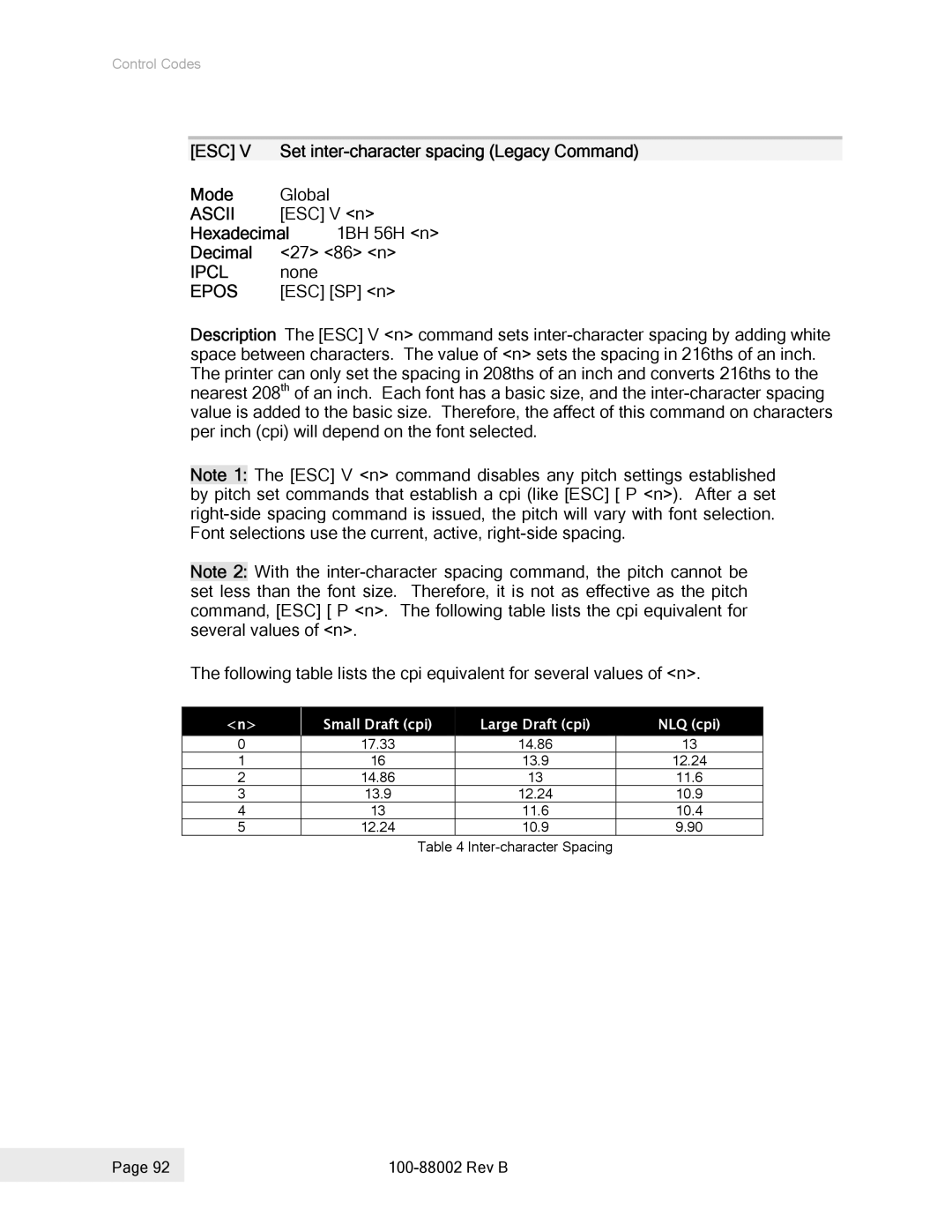 Epson 100-88002 manual Esc, Set inter-character spacing Legacy Command, Mode Global, ESC V n 