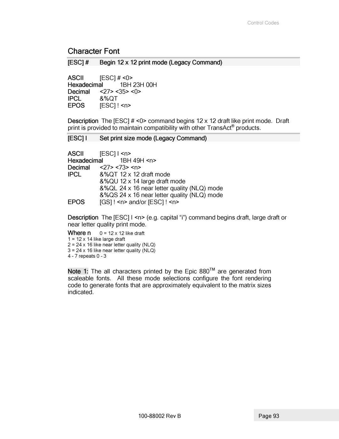 Epson 100-88002 manual Character Font 