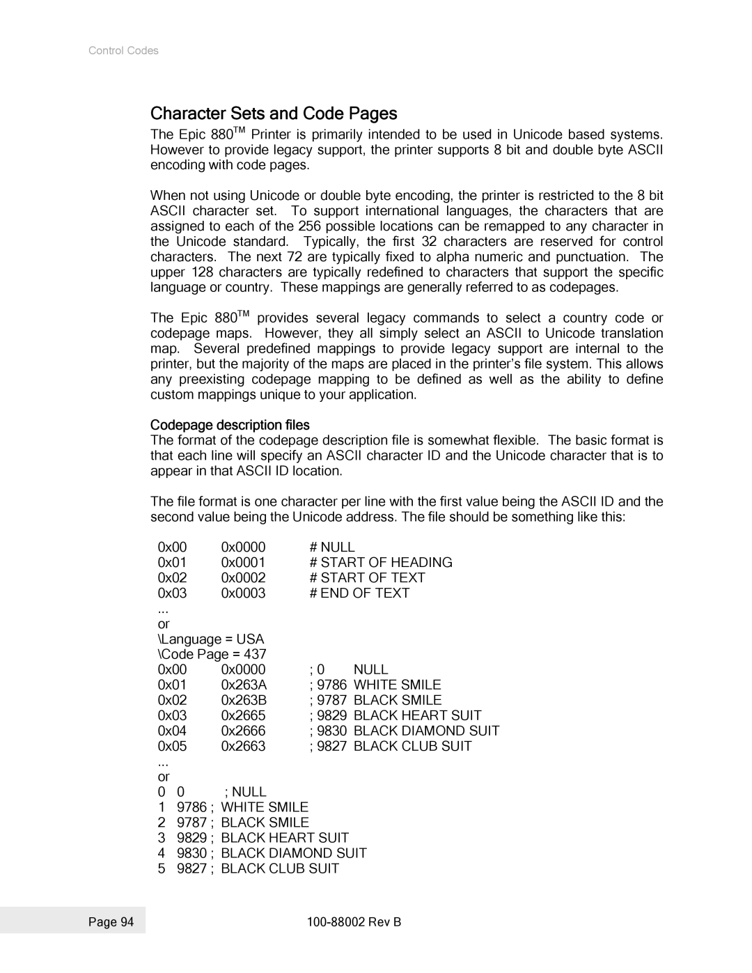 Epson 100-88002 manual Character Sets and Code Pages, Codepage description files 