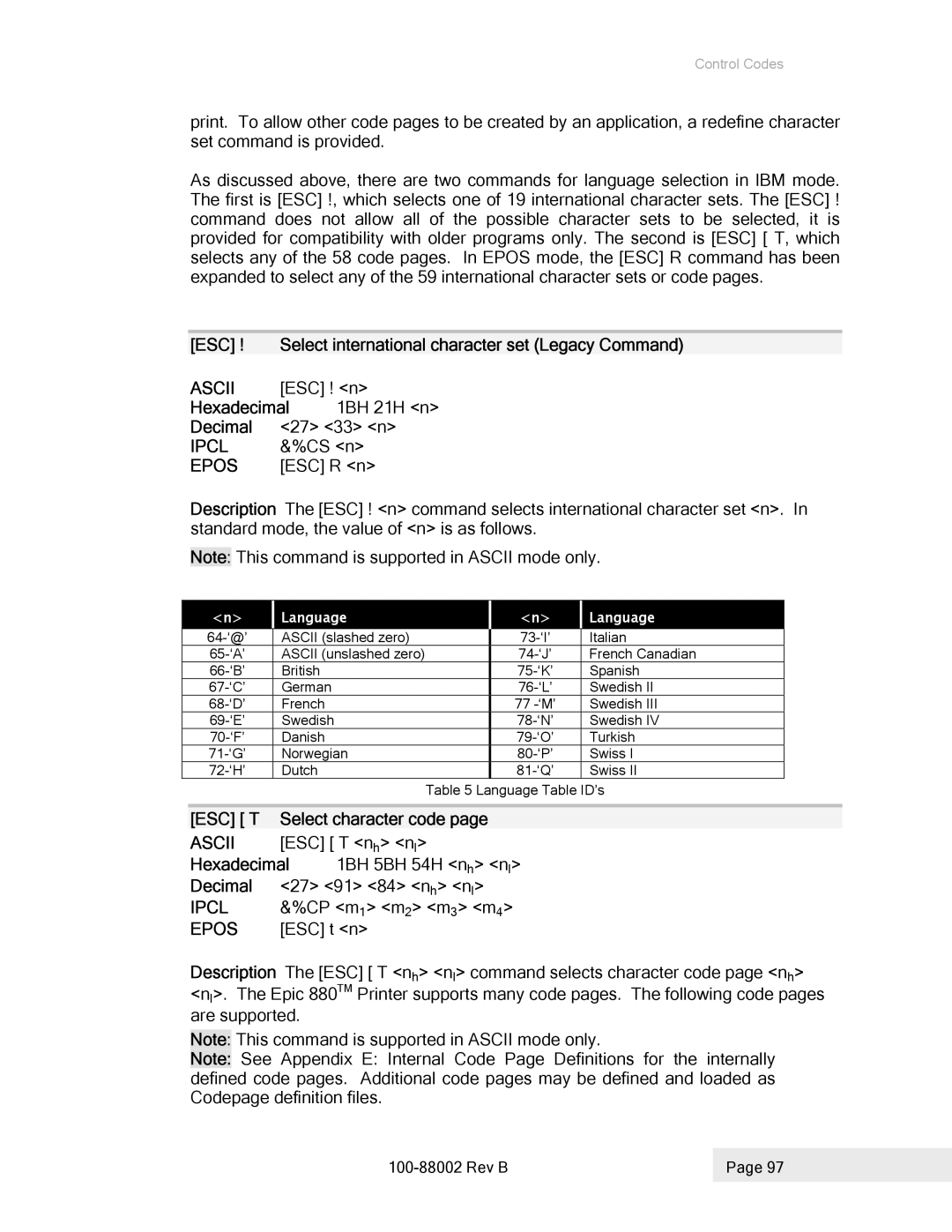 Epson 100-88002 manual ESC Select international character set Legacy Command, Hexadecimal 1BH 21H n Decimal 27 33 n, CS n 