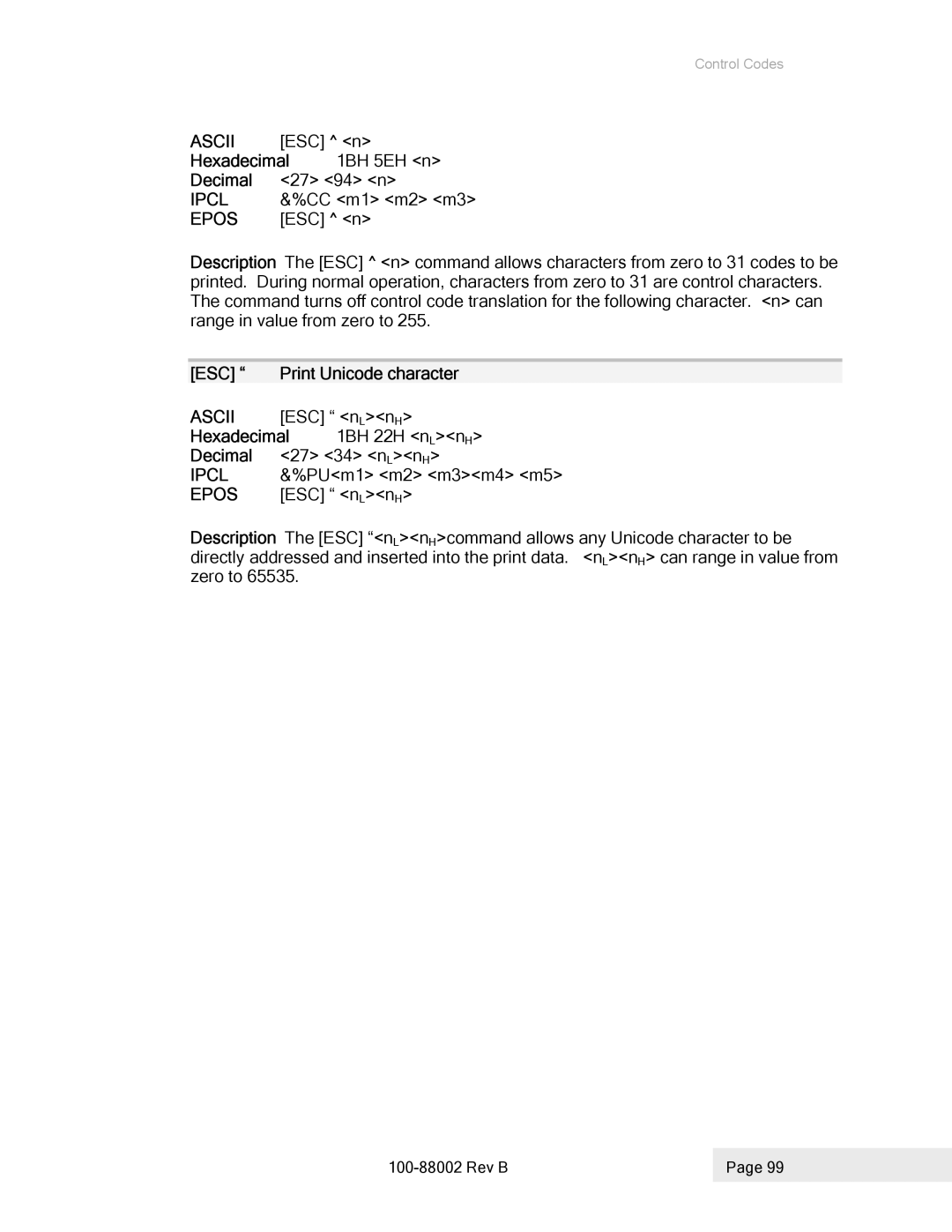 Epson 100-88002 manual Hexadecimal 1BH 5EH n, ESC Print Unicode character 