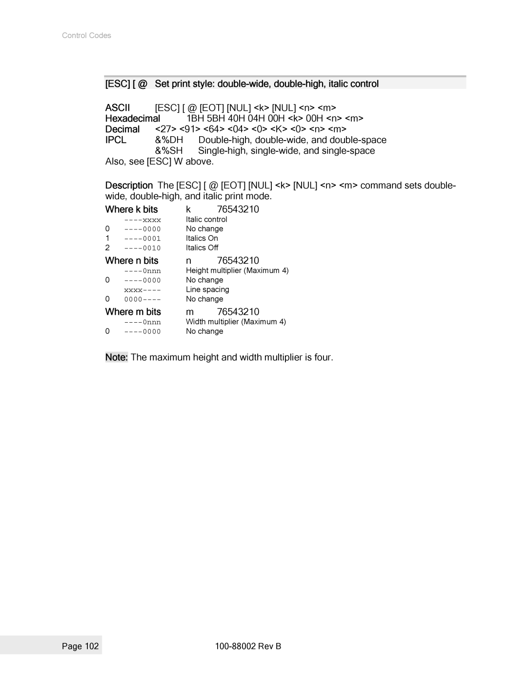 Epson 100-88002 manual Hexadecimal, Where k bits 