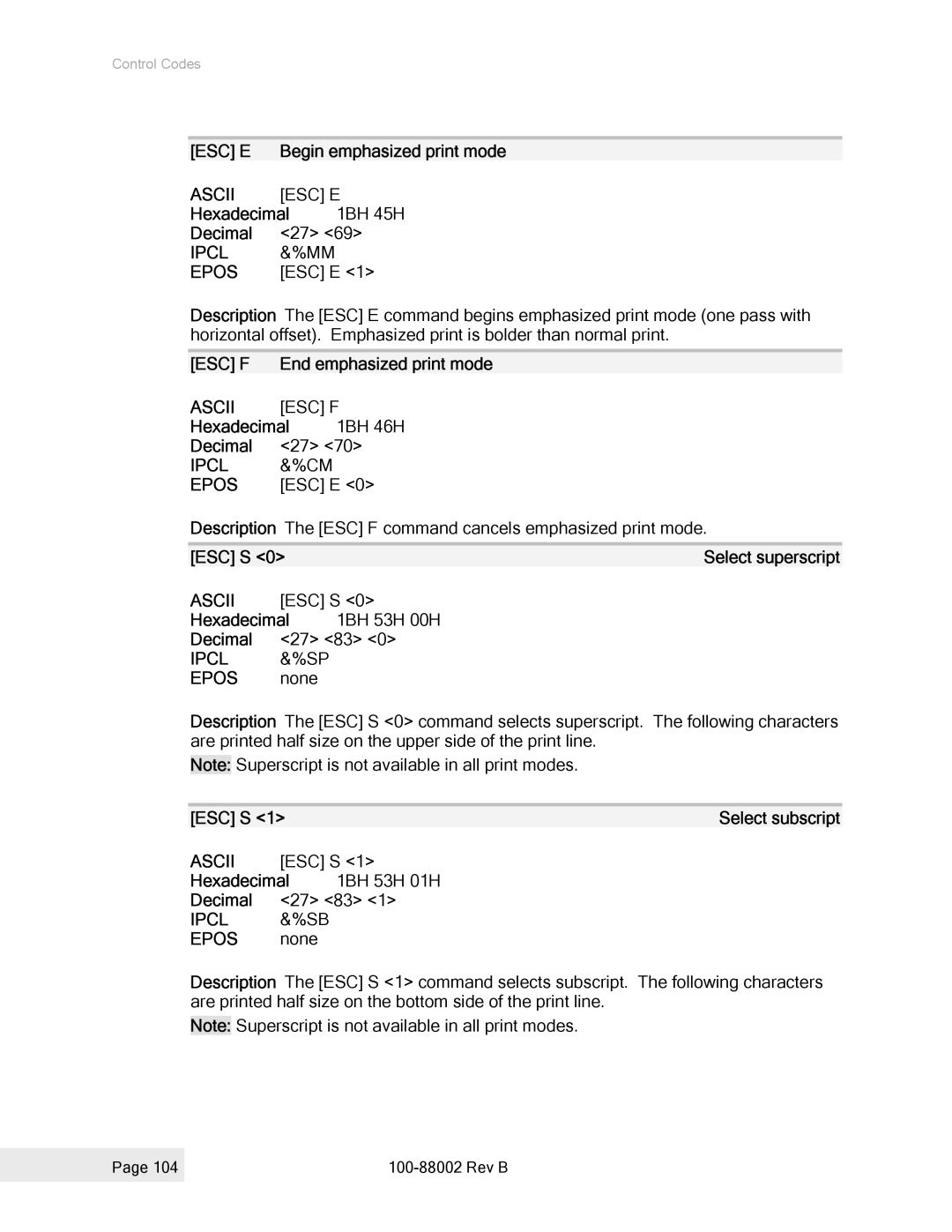 Epson 100-88002 manual Esc E, Ascii ESC E, Esc F, Ascii ESC F, Ipcl &%SP, Ipcl &%SB 