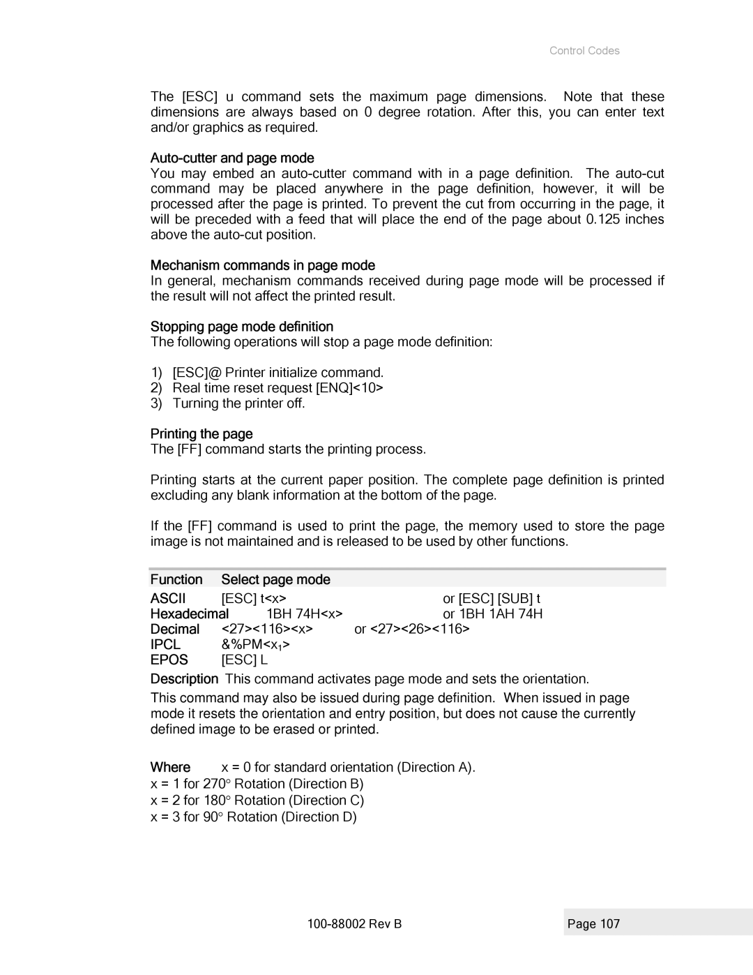 Epson 100-88002 manual Auto-cutter and page mode, Mechanism commands in page mode, Stopping page mode definition, Printing 