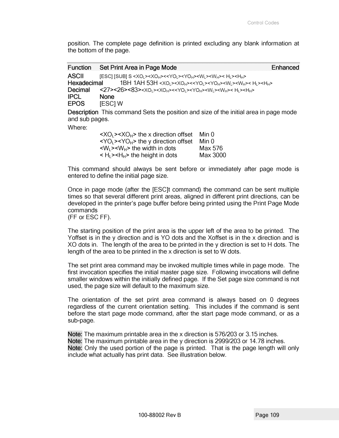 Epson 100-88002 manual Function Set Print Area in Page Mode, Esc W 