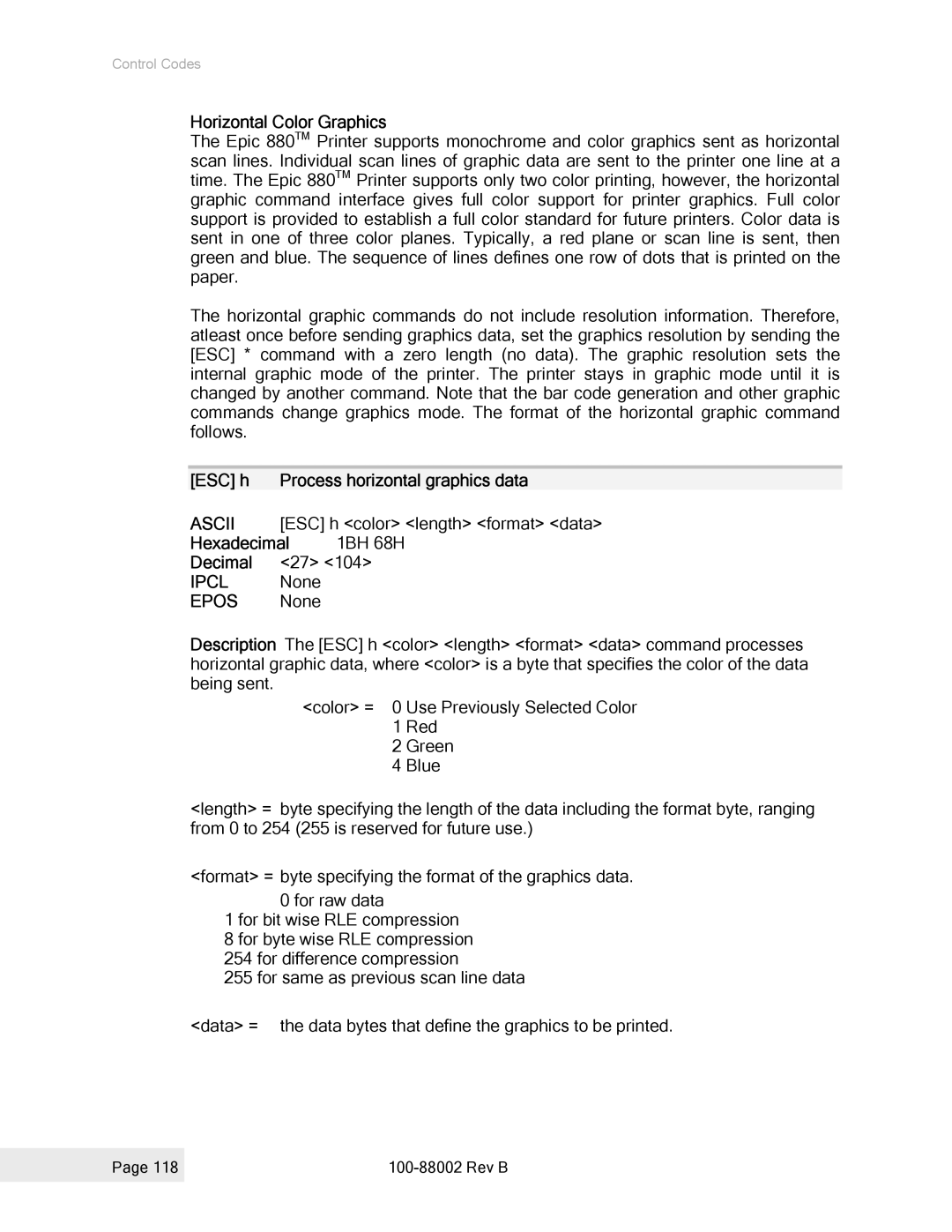 Epson 100-88002 manual Horizontal Color Graphics, ESC h Process horizontal graphics data, Hexadecimal 1BH 68H 