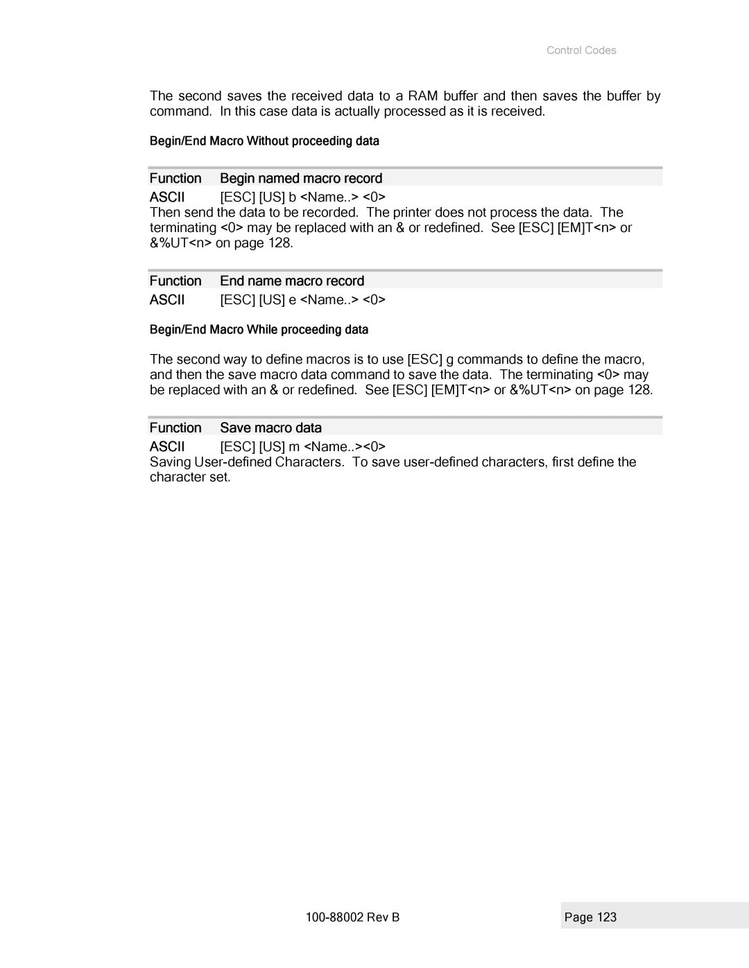 Epson 100-88002 Function Begin named macro record, Function End name macro record, ESC US e Name, Function Save macro data 