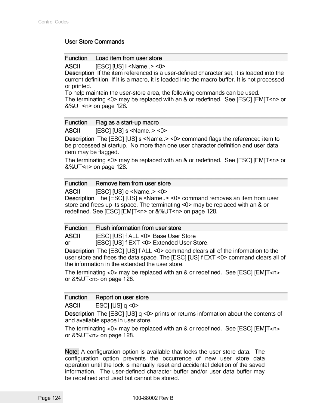 Epson 100-88002 manual User Store Commands Function Load item from user store, Function Flag as a start-up macro 