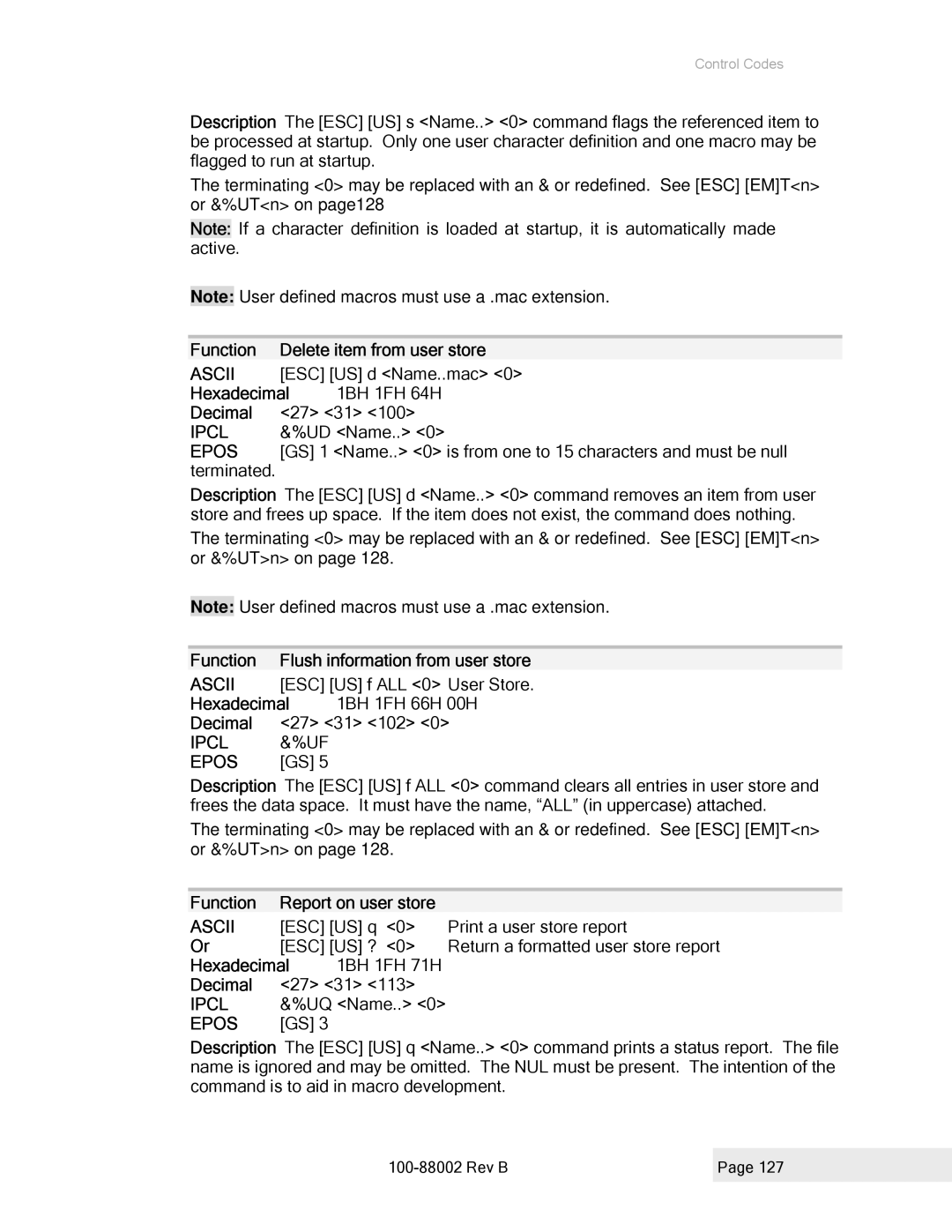 Epson 100-88002 Function Delete item from user store, ESC US d Name..mac, Hexadecimal 1BH 1FH 64H Decimal 27 31, UD Name 