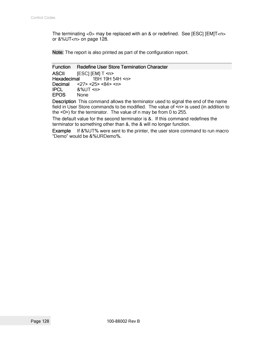 Epson 100-88002 manual Function Redefine User Store Termination Character, ESC EM T n, UT n 