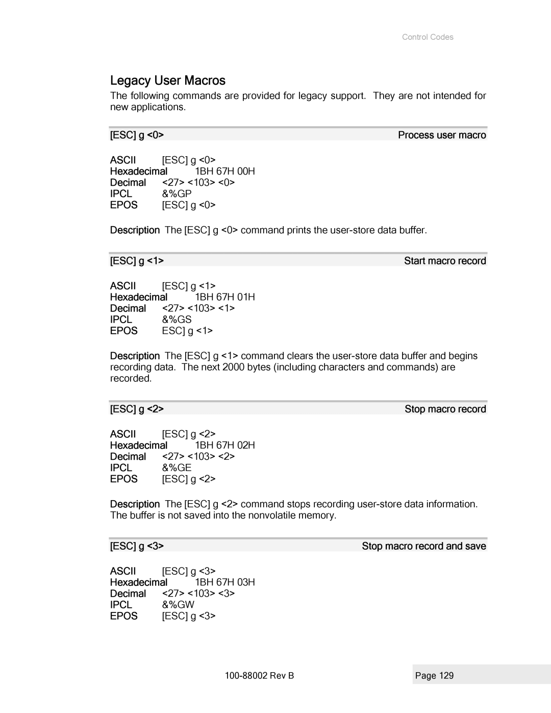 Epson 100-88002 manual Legacy User Macros, Hexadecimal 1BH 67H 01H Decimal 27 103, Hexadecimal 1BH 67H 02H Decimal 27 103 