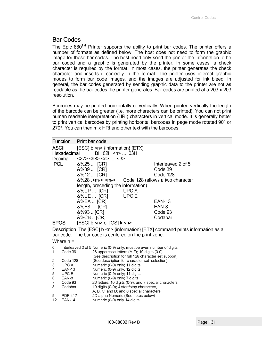 Epson 100-88002 manual Bar Codes, Function Print bar code 