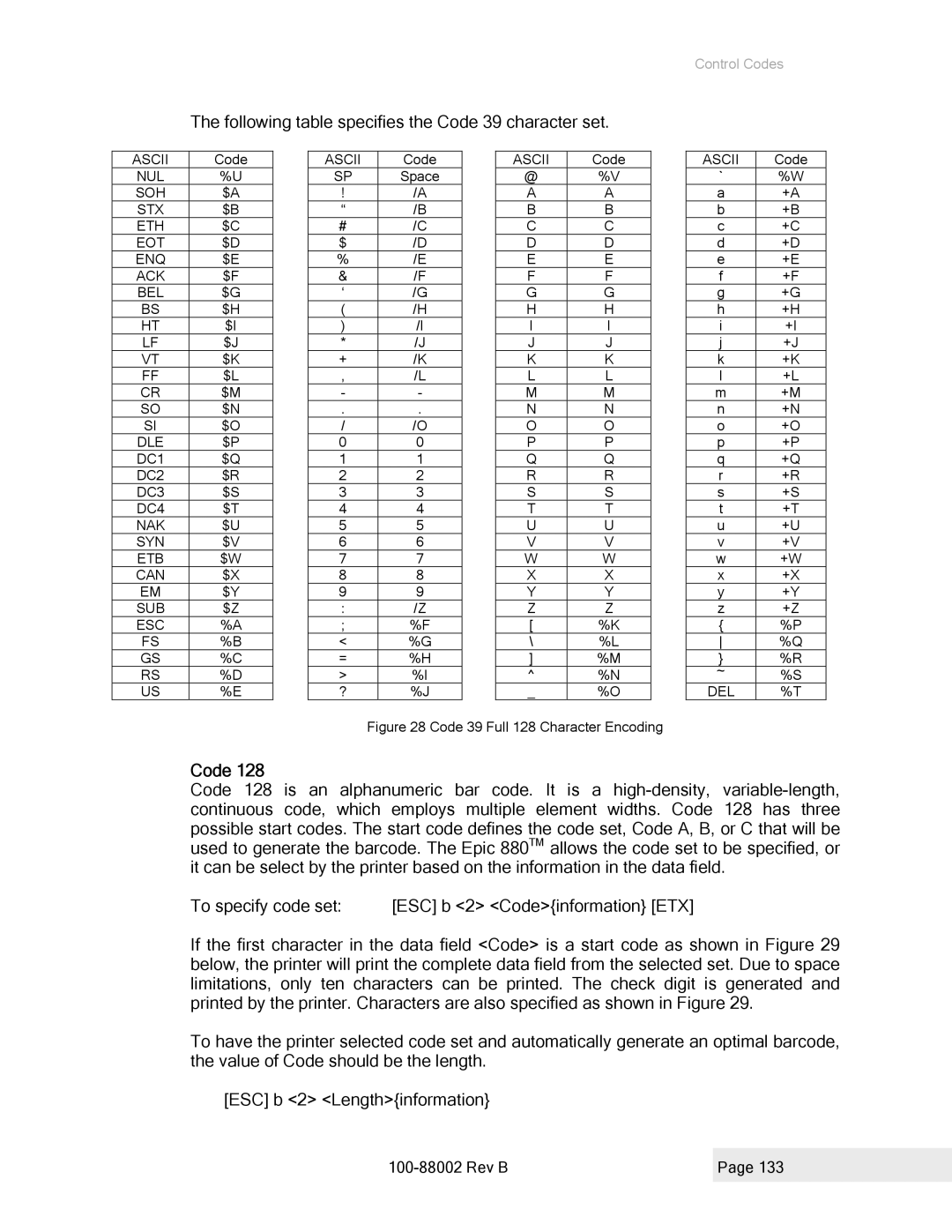 Epson 100-88002 manual Following table specifies the Code 39 character set 