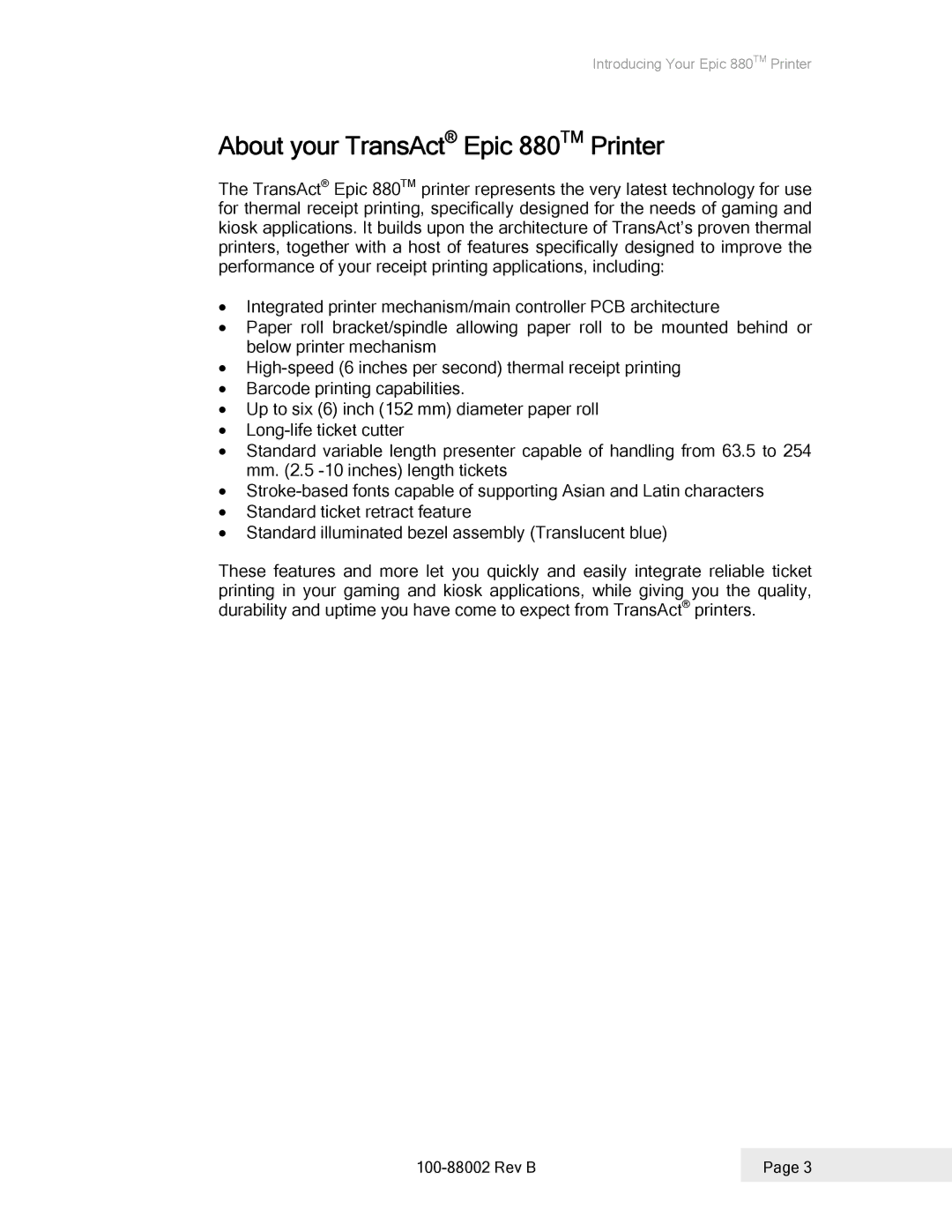 Epson 100-88002 manual About your TransAct Epic 880TM Printer 