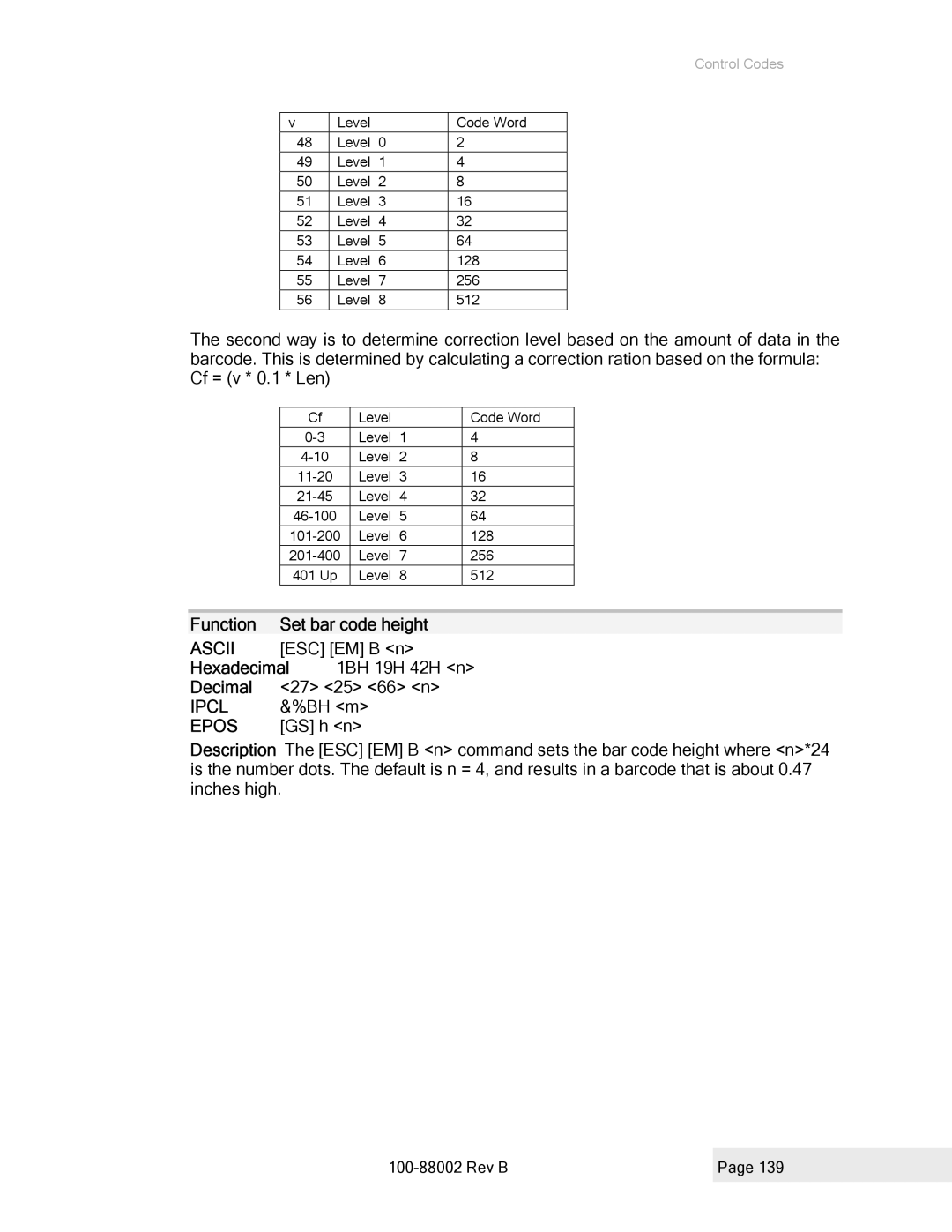 Epson 100-88002 manual Function Set bar code height, Ascii 