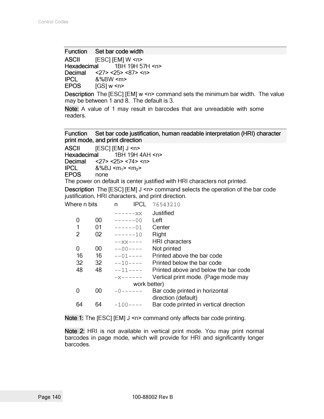 Epson 100-88002 manual Function Set bar code width, ESC EM W n, Hexadecimal 1BH 19H 57H n Decimal 27 25 87 n, BW m, GS w n 